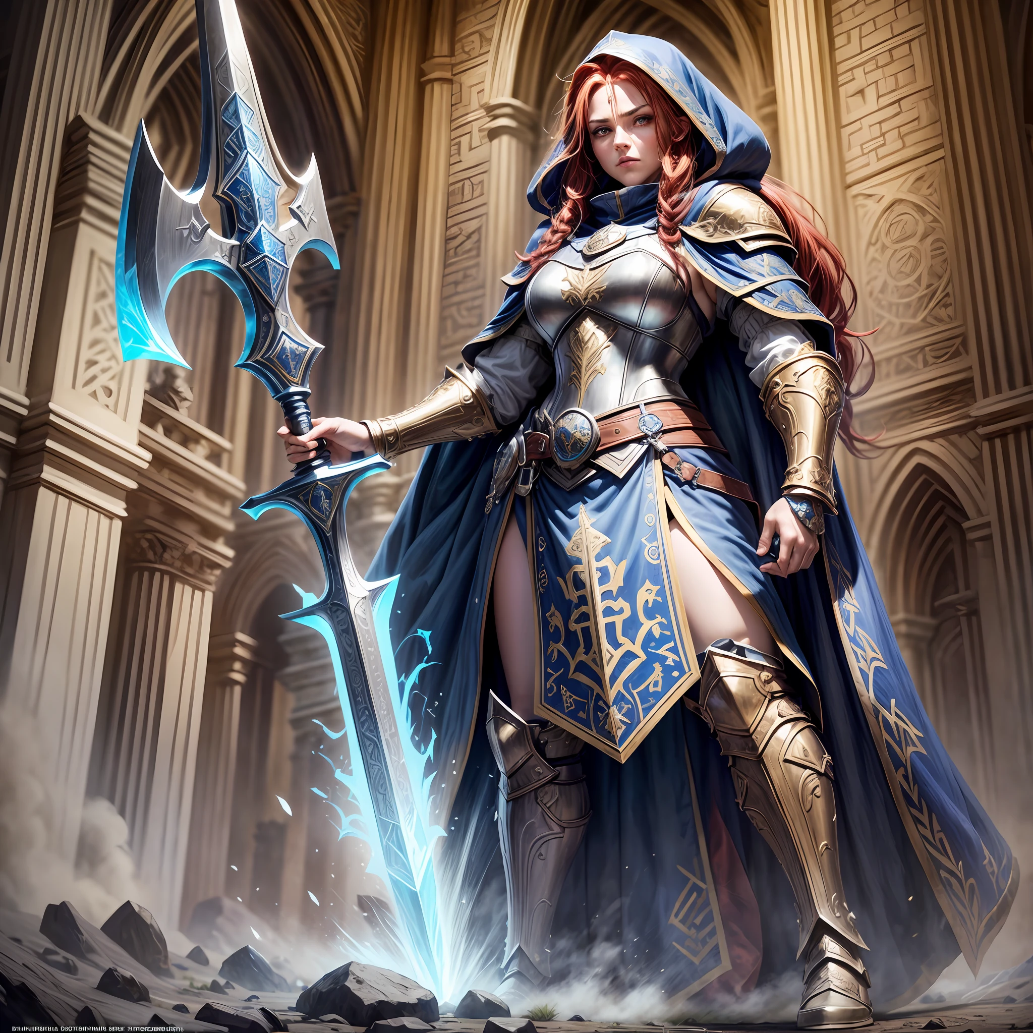 D&D art Full body, (Masterpiece, best quality). Female, dwarf (Masterpiece, best quality). Cleric, (Masterpiece, best quality) , with a long, braided red hair (Masterpiece, best quality). Armed in the right hand with a yellow, radiant sword, with runes on it (Masterpiece, intense details). Holding a shield in the left hand (Masterpiece, intense details). Wearing heavy Armor and shield (Masterpiece, intense details). Donning bellowing blue cloak with axe sigils (Masterpiece, intense details) with a cathedral background (Masterpiece, intense details) --auto --s2