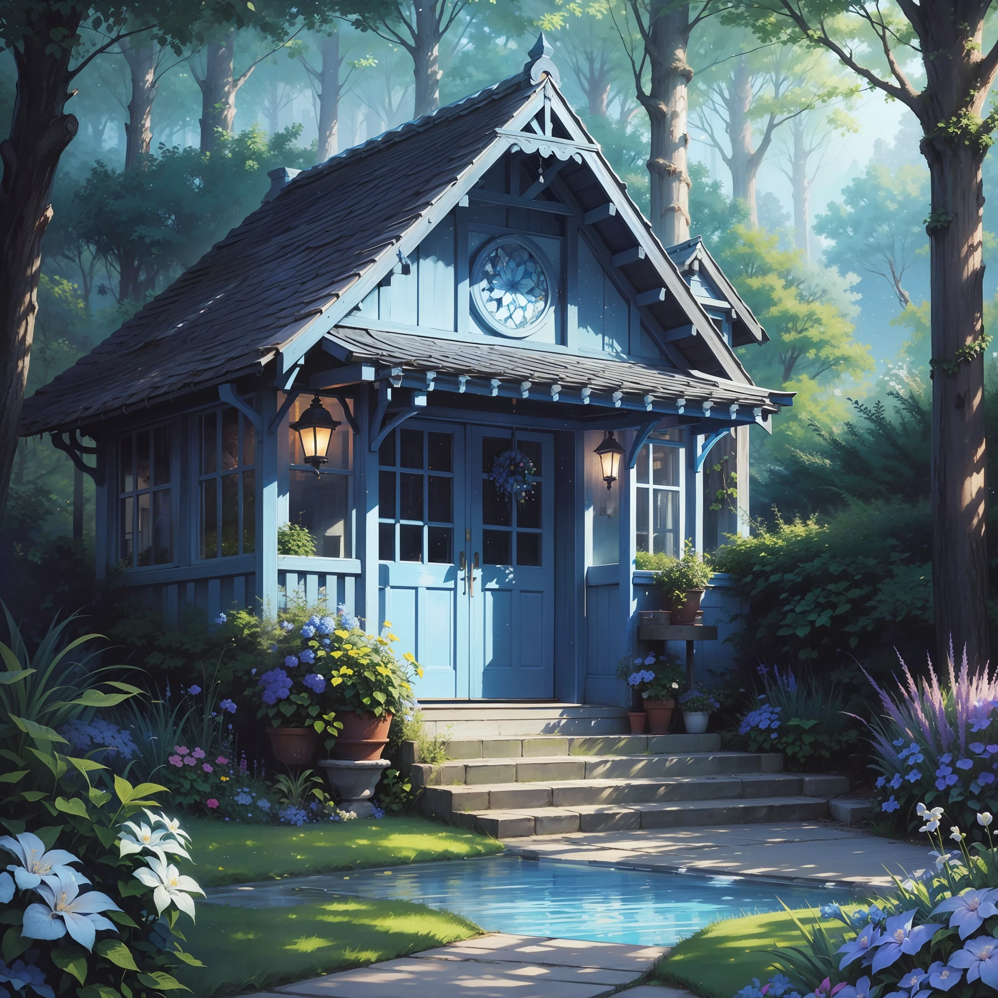 Two-dimensional, summer, cute, blue-and-white gradient, modern and fairytale fusion scene, vista, girl, garden path, blue-violet gradient long hair, night when a man sprinkles stars on a candle fire, healing, masterpiece, best quality, high resolution, super detailed, light and shadow rendering, pixiv