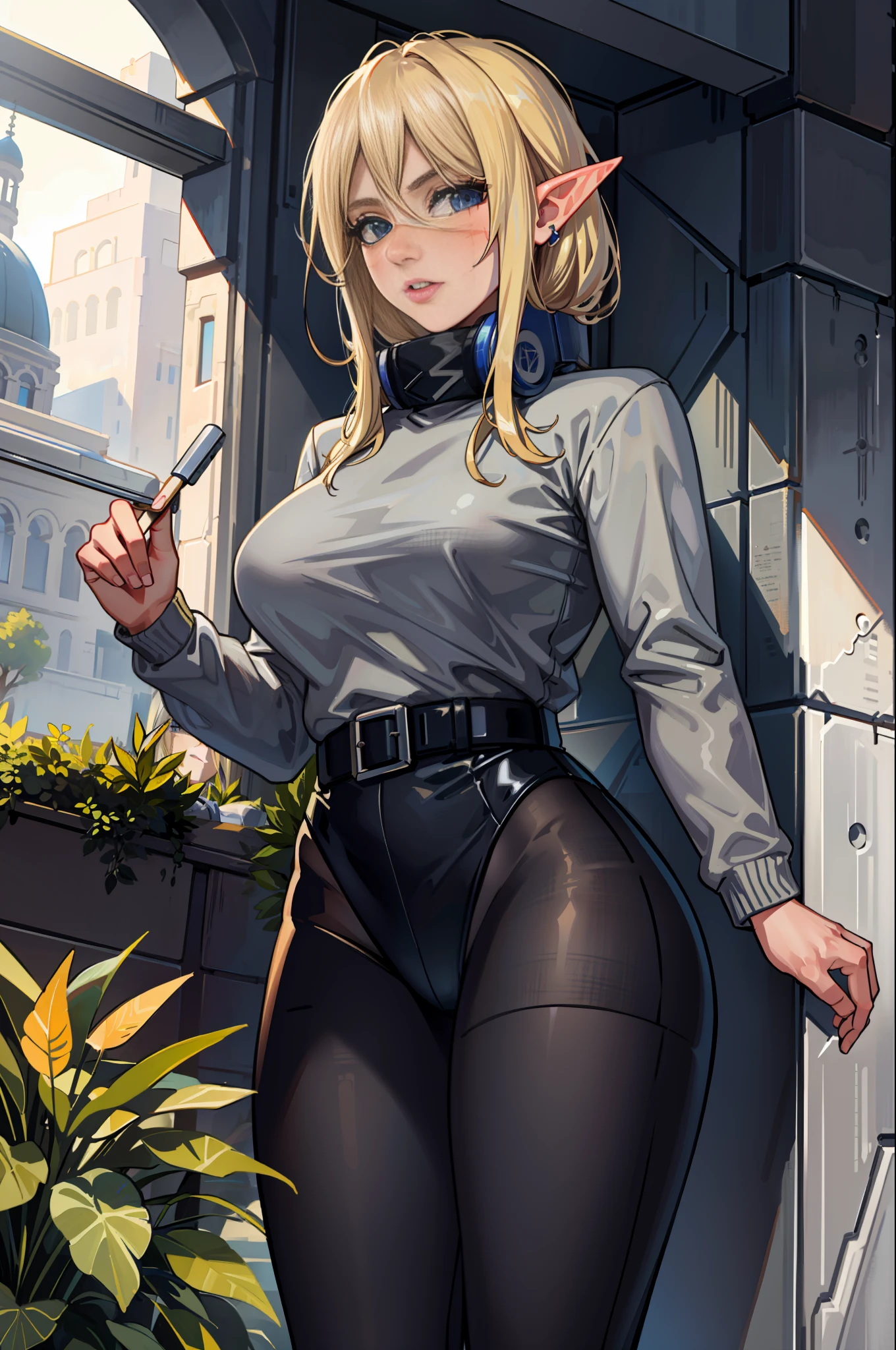 masterpiece, best quality, agrias, gray sweater, black mesh, standing, looking at the viewer, blonde hair, elf ear, large breasts