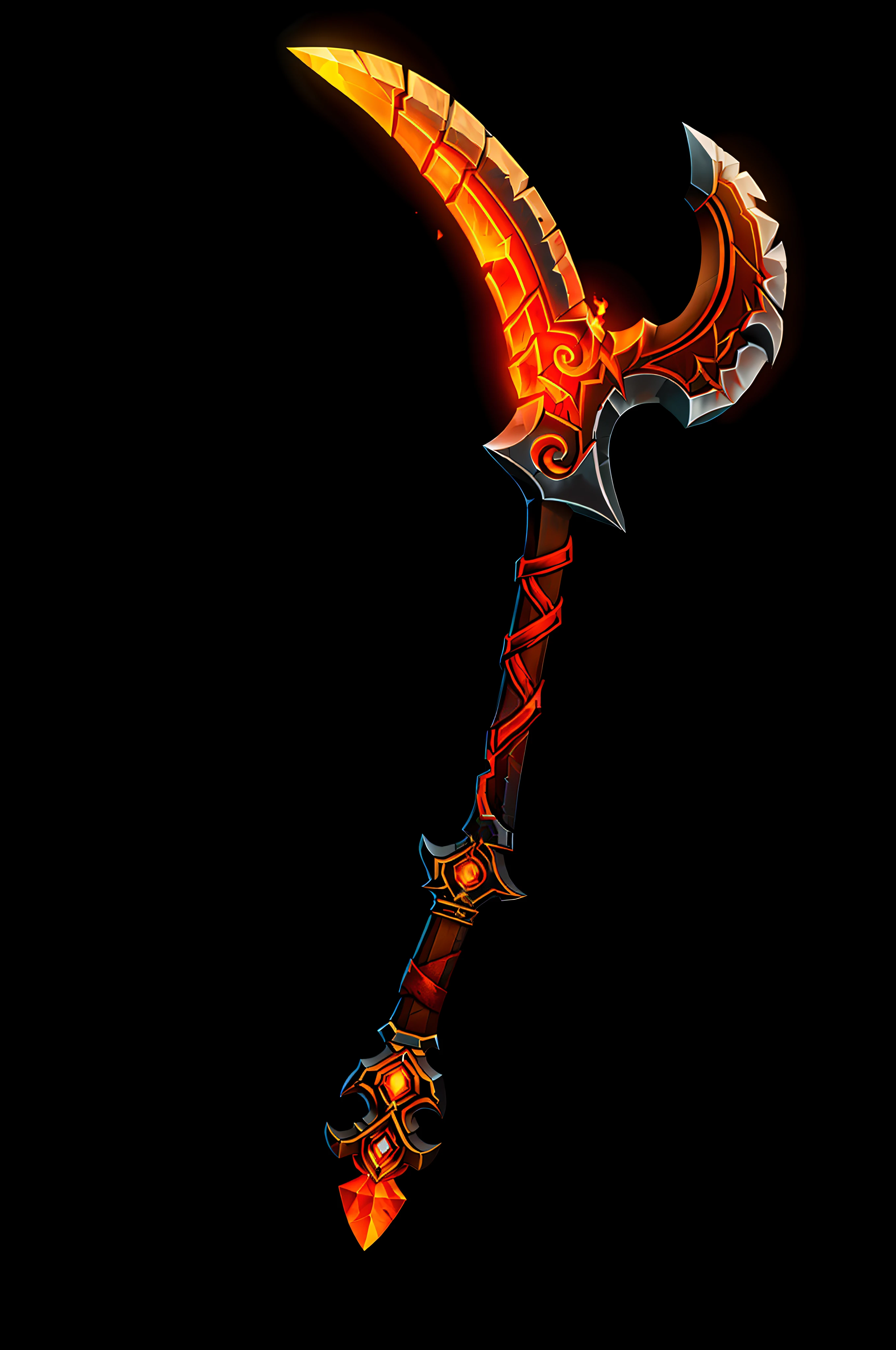 Scythe axe, ornate blade, orange handle, flame glow