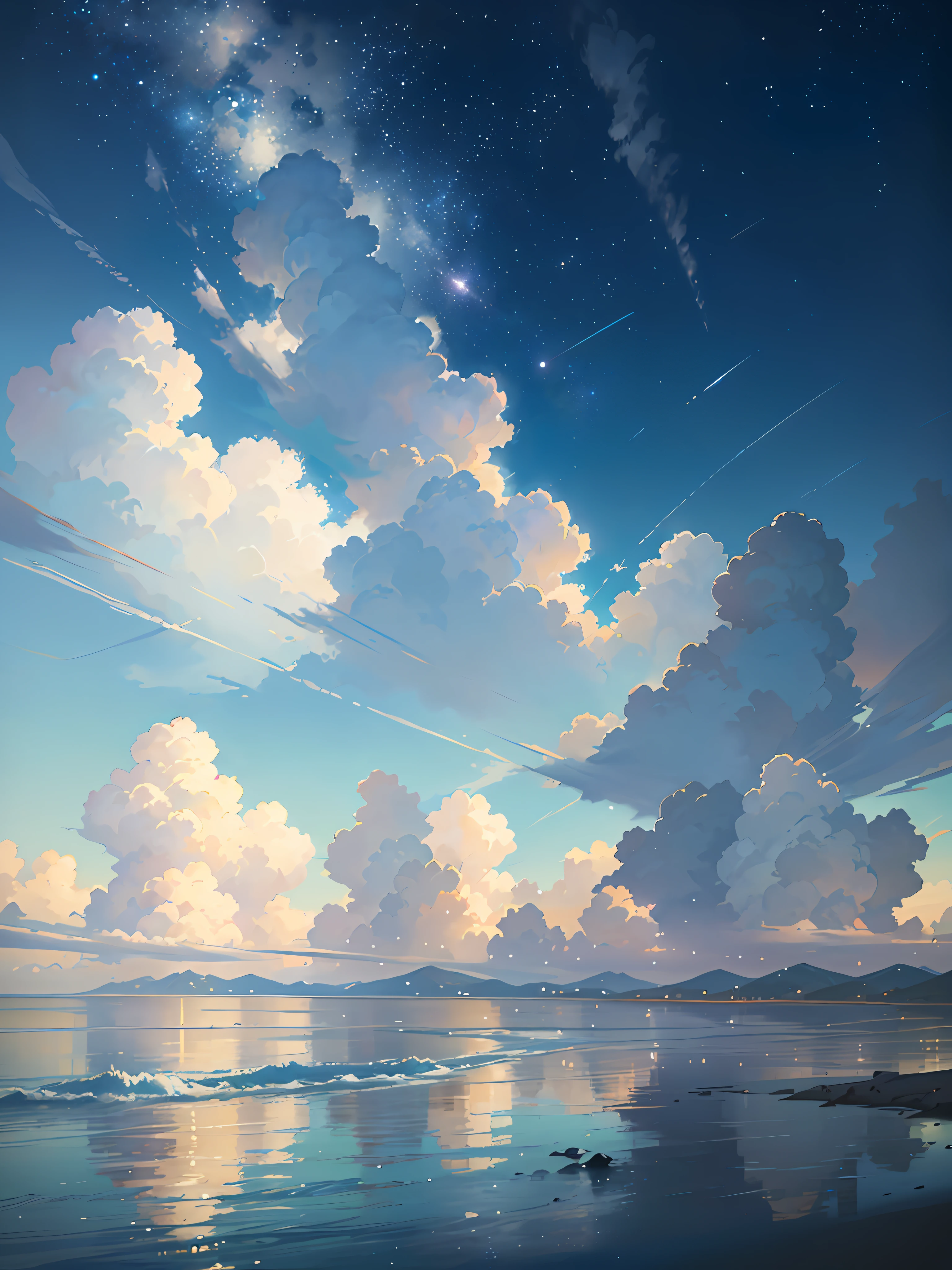 Summer, Makoto Shinkai's concept art, tumblr, magic realism, beautiful anime scenes, beautiful skies. by makoto shinkai, ( ( makoto shinkai ) ), anime background art, anime backgrounds, Makoto Shinkai's style, anime movie backgrounds, galaxy express, no humans. --v6