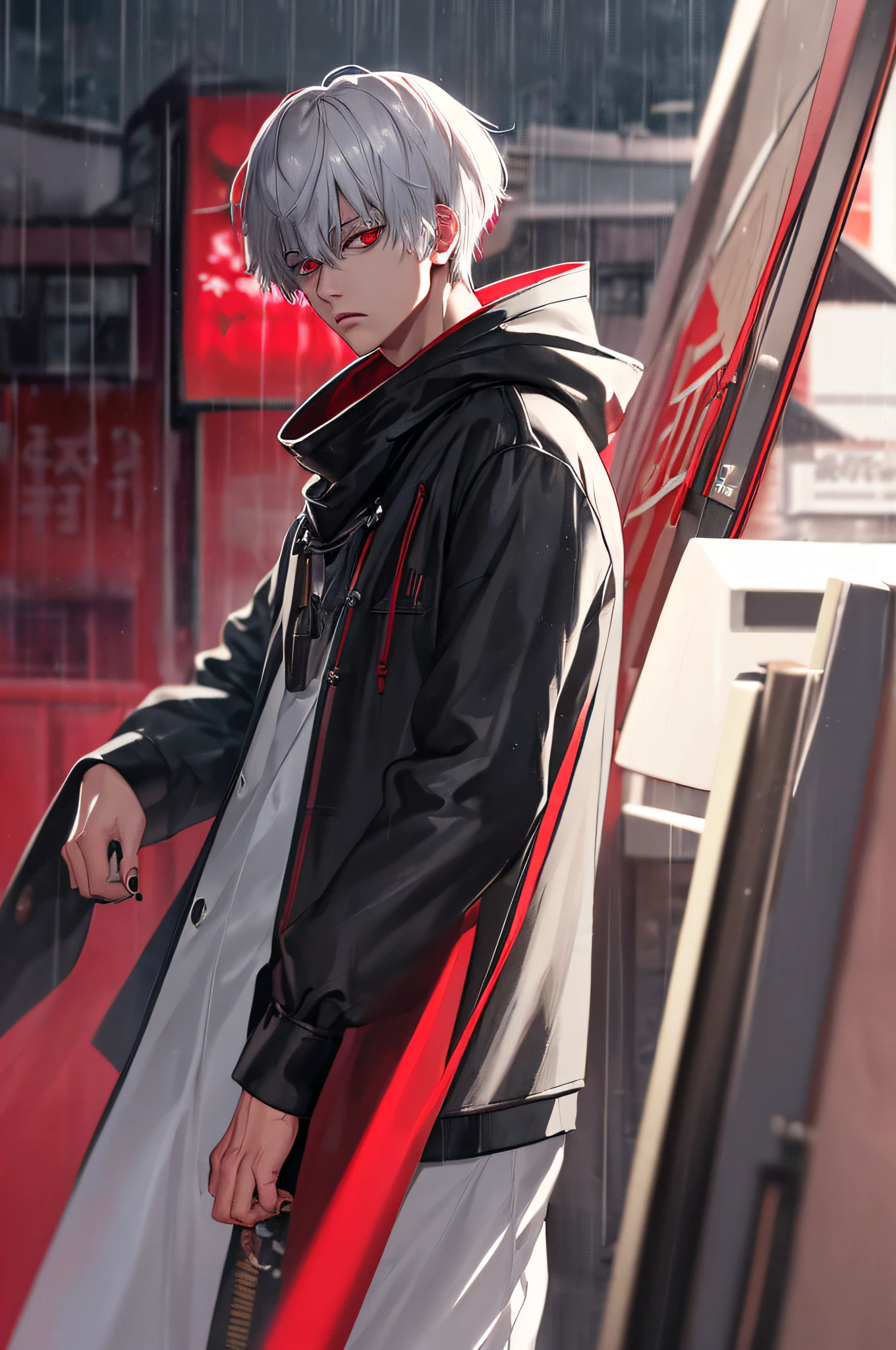 kk, best quality, more details, mastery, 1boy, kaneki ken, portrait, male focus, red eyes, solo, bangs, looking at viewer, hood, short hair, rain, tokyo tokyo \(city\), turban, nail polish , gray hair, luxury, 8k, detail, ray tracing, depth of field, movie lighting,