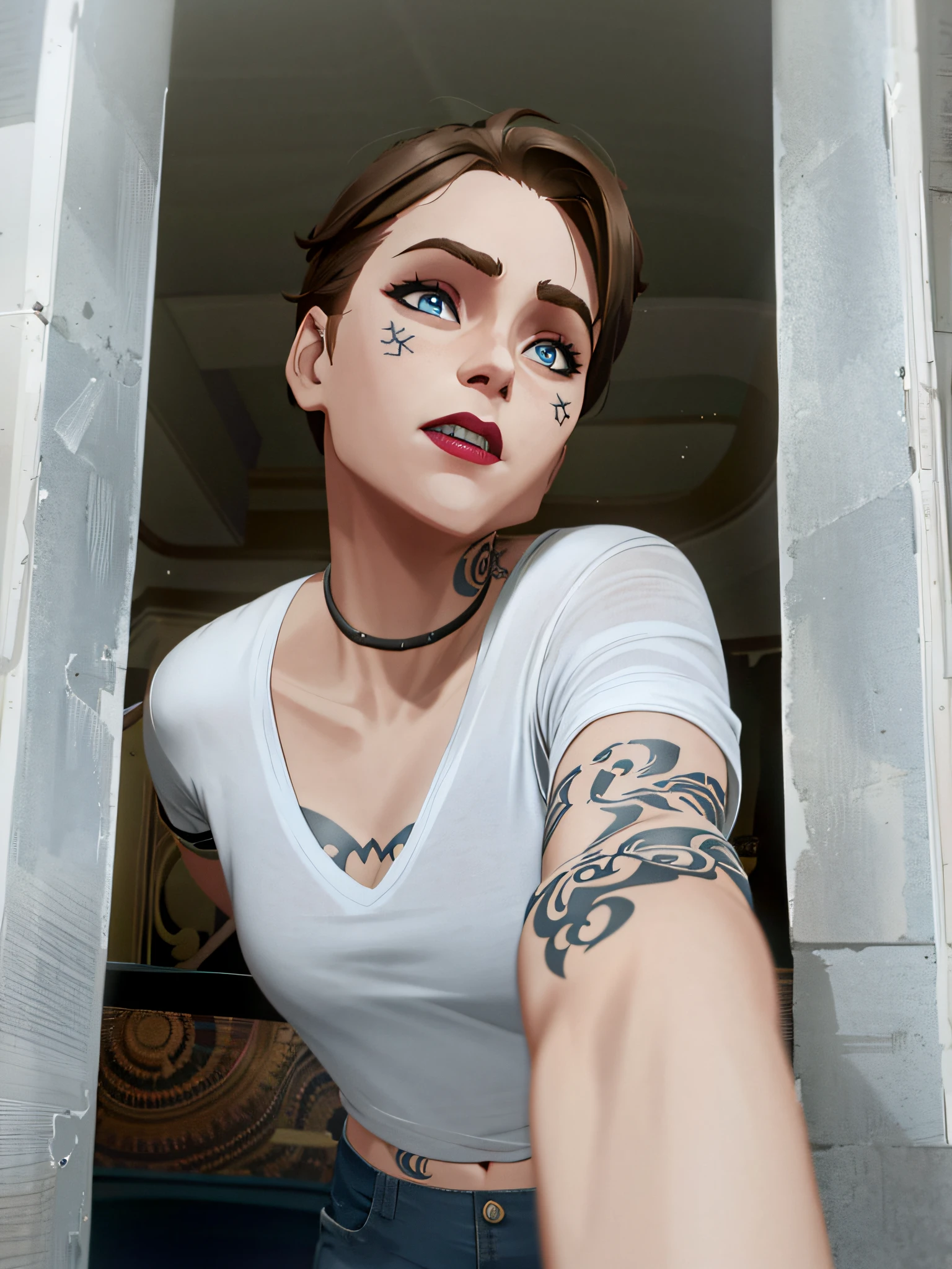 arcane style,
1girl, arm tattoo, short hair, dark blonde hair, whit shirt, cloud tattoo, looking at viewer, laughing, crazy, uncontrollable laugh, mad look, night, city, brown hair, short hair, midriff, blue eyes, red lips, shirt, solo, standing, tattoo, upper body, arcane, \(league of legends\)