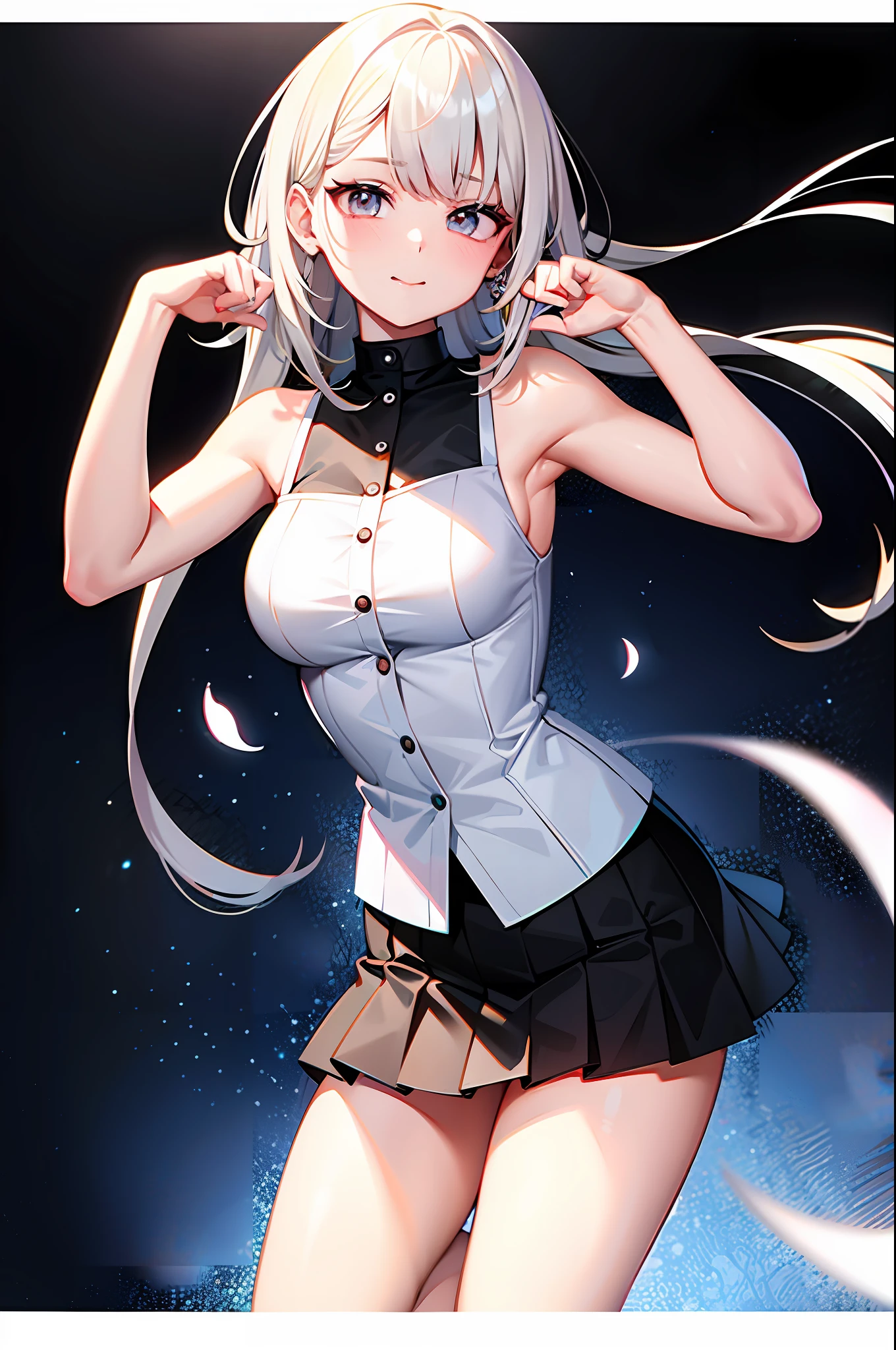 best quality, ultra high res, 1girl, sleeveless white button shirt, black skirt, black choker, cute, (Kpop idol), (aegyo sal:1), (platinum blonde hair:1), ((puffy eyes)), looking at viewer, full body, facing front