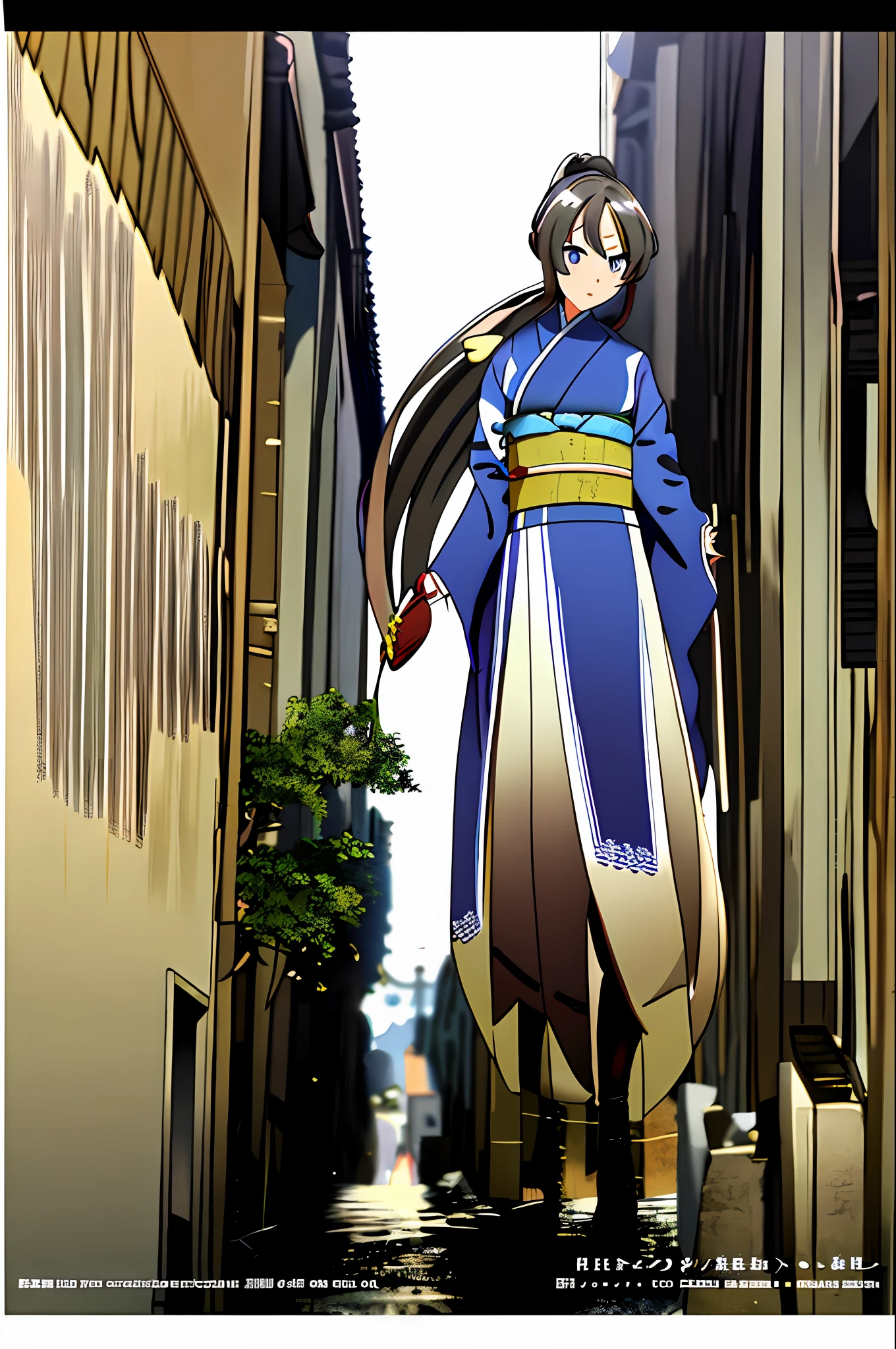 masterpiece, best quality, 1girl, solo, long_hair, big breasts, kimono, closed_mouth, standing, ponytail, walking down the street of an ancient city, sword at the waist, digital art, anime, artstation, drawing, well defined blue eyes