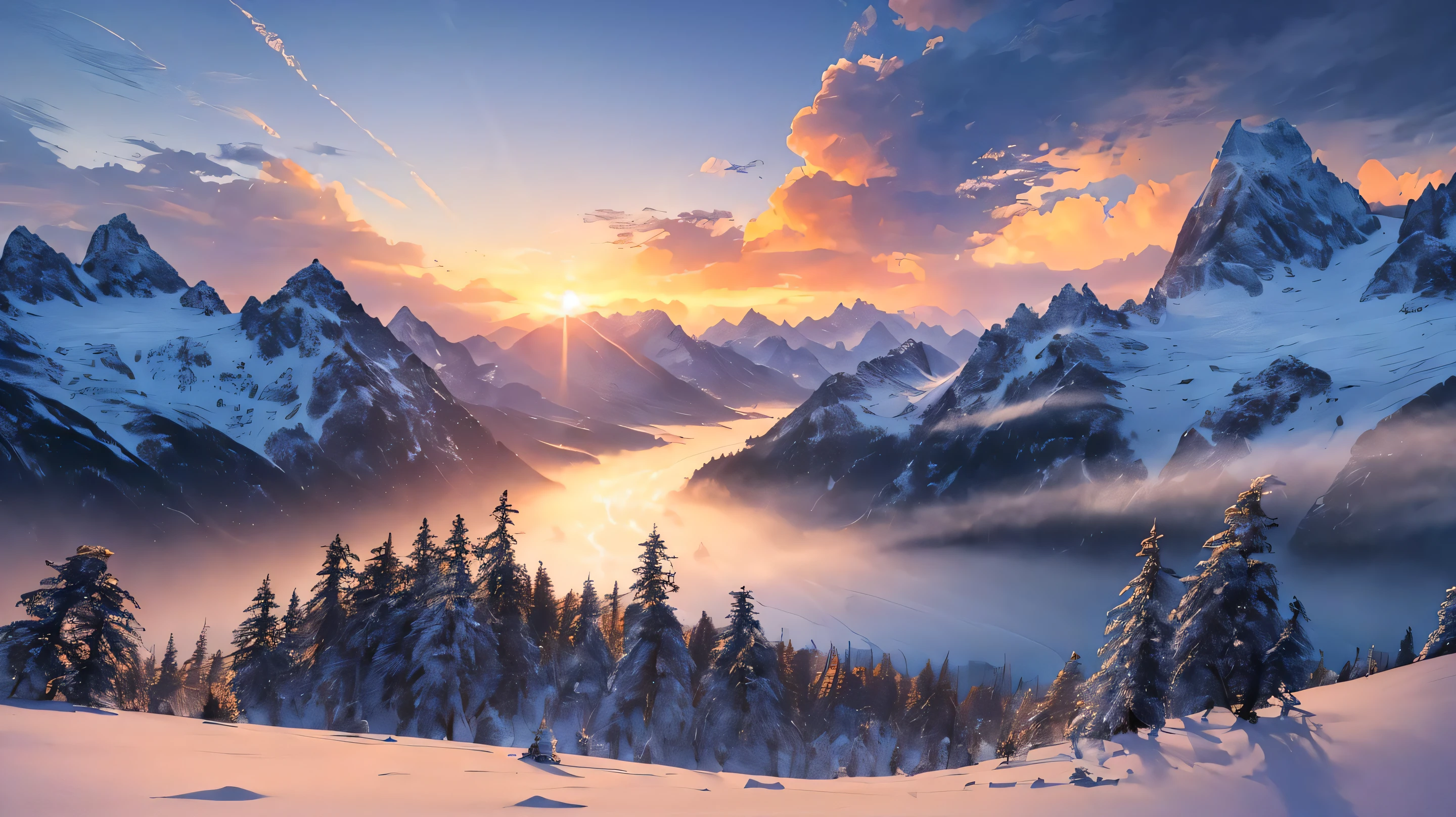 ((masterpiece,best quality,ultra detailed,ultra high res,detailed background)),sunrise,alpine, floe,river,cumulonimbus cloud,woods,sunlight,chiaroscuro,