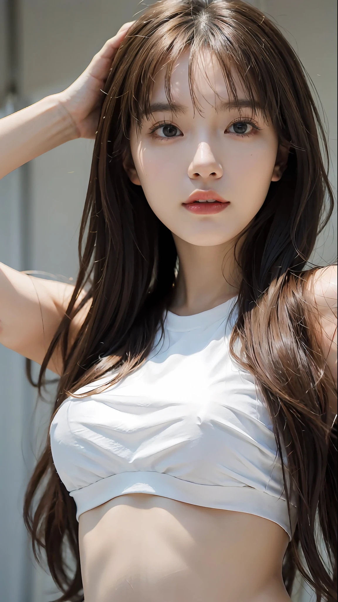 (Original photo: 1.2), (Realistic: 1.4), (Masterpiece: 1.3), (Best quality: 1.4), Dreamy, (detailed eyes), (detailed facial features), (detailed clothing features), Skin tightness, (Shiny skin), (Slim Girl), (Slim Girl), (Slim Girl), 1 Girl, Veronica Code, Solo, Cute, Bangs, Short brown hair, Black eyes, (), ((Shirt)), Dynamic pose, (Kodak Film Color) ((Camera not visible)) ((White Studio) (Studio Light)