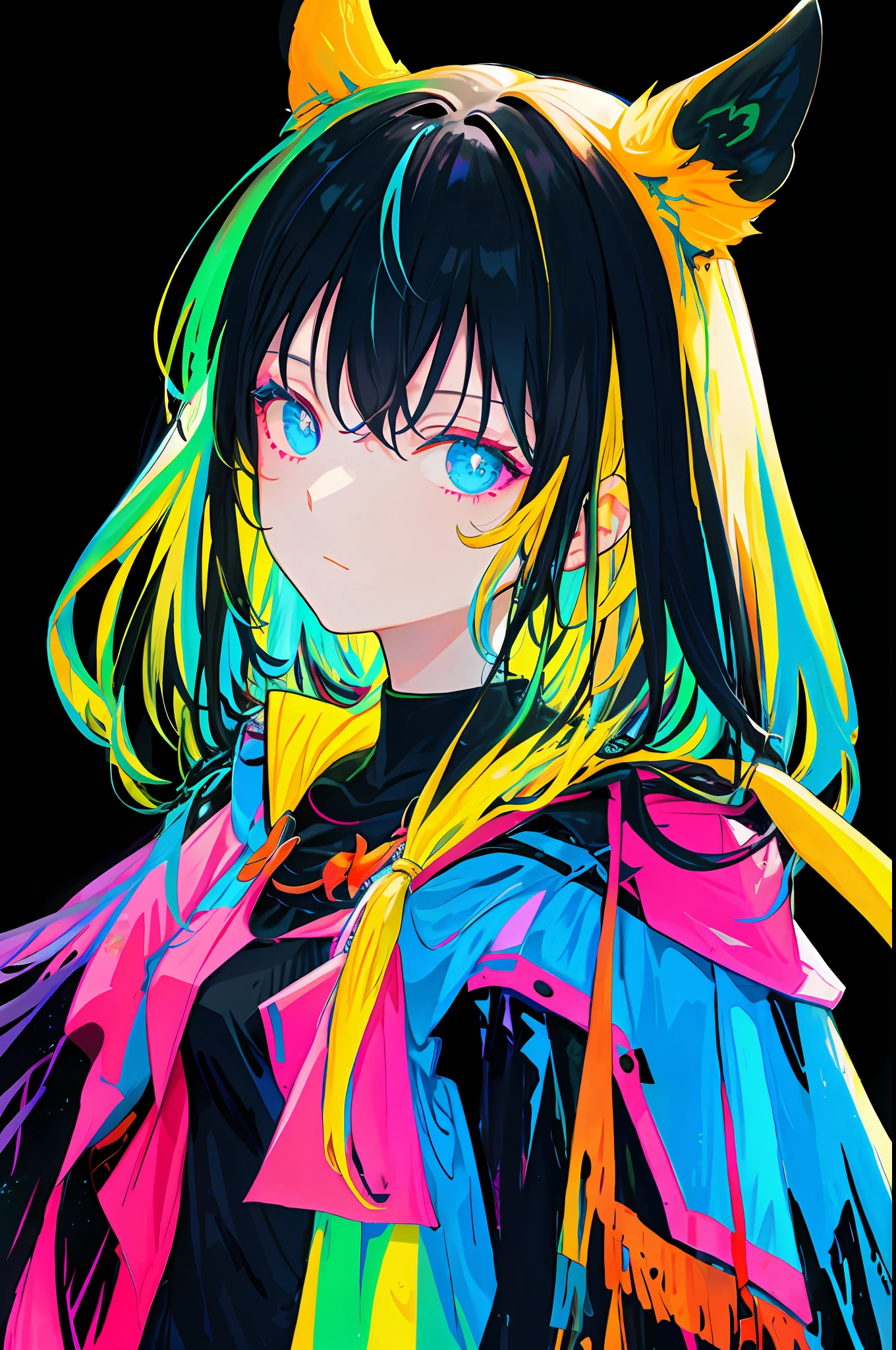 Multicolored, 1girl, night, dark, black hair, looking at the audience, upper body, facing the audience, limited color palette, black background, glowing background, brilliant background, light effects