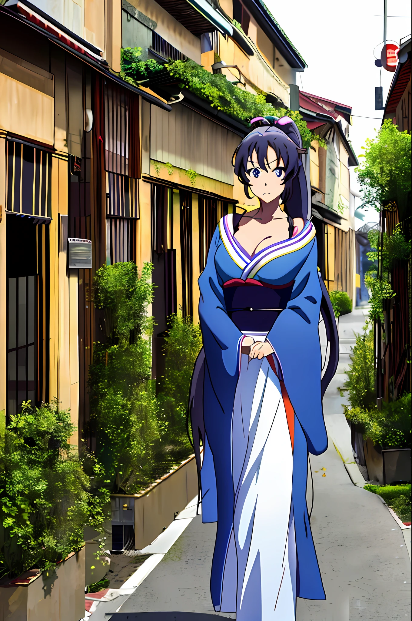 masterpiece, best quality, 1girl, solo, long_hair, big breasts, kimono, closed_mouth, standing, ponytail, walking down the street of an ancient city, sword at the waist, digital art, anime, artstation, drawing, well defined blue eyes