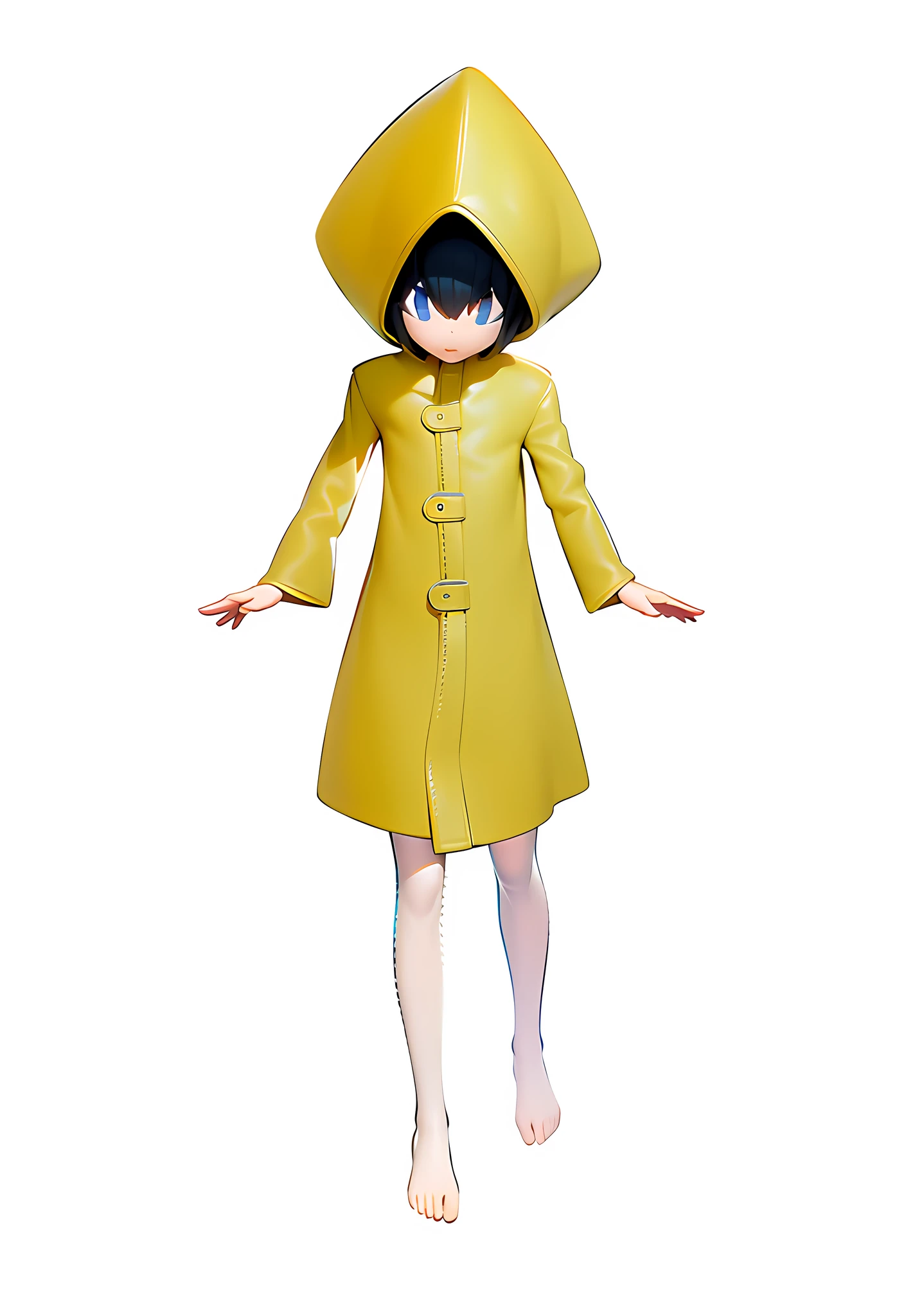 3D two-dimensional, girl in yellow raincoat, redraw light and shadow, thickly paint light and shadow, highlight the gel coat texture of the raincoat, highlight the reflective texture of the raincoat, highlight the translucent texture of the raincoat, smooth skin, optimize facial expression