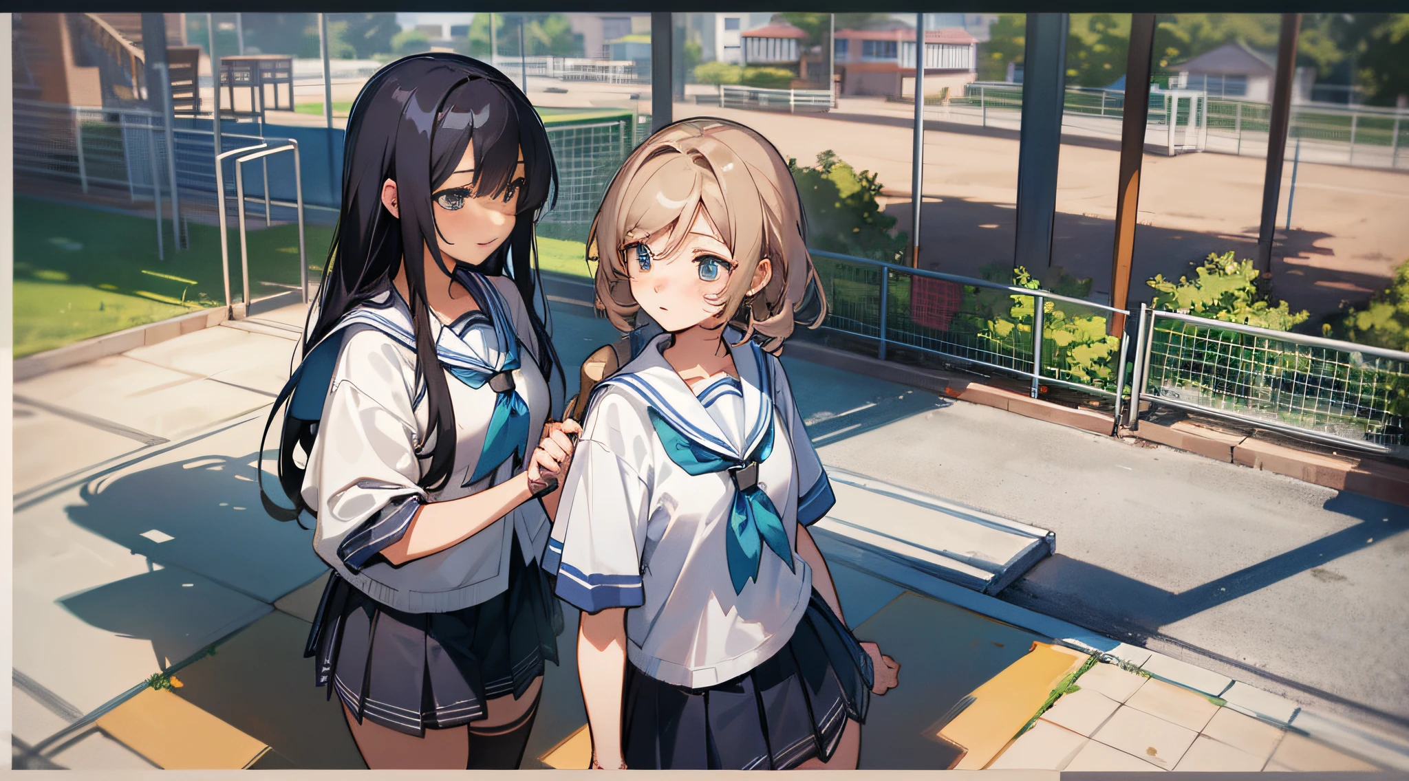 Two high school girls, 18 years old, school playground in background, diorama drawing, anime, UHD, textured skin, high quality, high detail --auto --s2