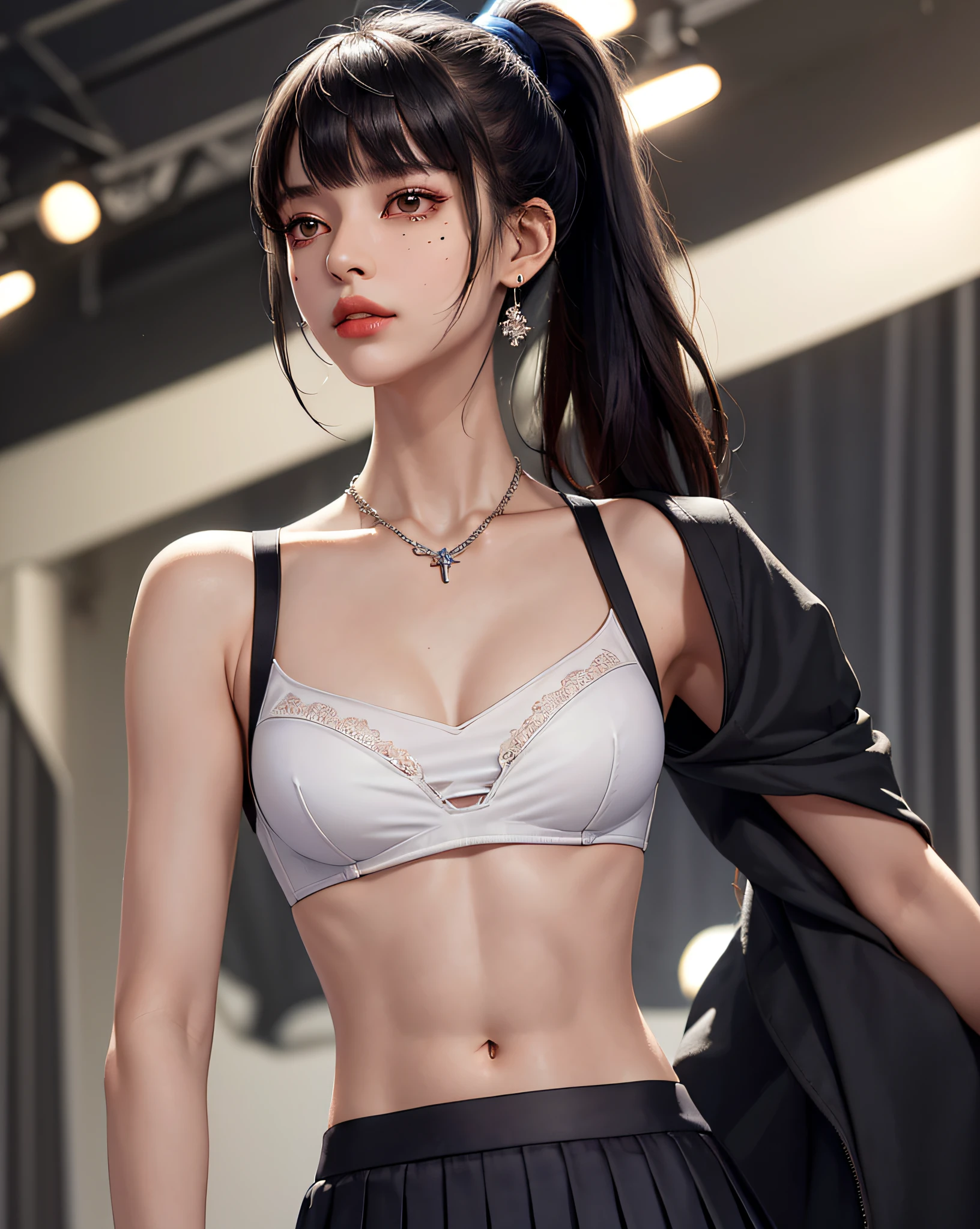 (Masterpiece, Best Quality, 1 Girl, Solo, Intricate Detail, Chromatic Aberration), (Reality), (Skin), 1 Girl Shizuku High Ponytail, ((Middle Breath)), (Brunet, Blunt Bangs), Detailed Hair, Red Heador, Blue Highlight, Hair More Than One Eye, Red Eye, Small Earrings, Sharp Eyes, Necklace, ((Black Crop Top Openwork)), (Symmetrical Eyes), (Perfectly Symmetrical Body), ((Natural Light))), Backlit, against gray walls, dim lighting, standing, (looking at the audience), ((Center shot, from the front, (face and waist) pronounced chest line Deep V realistic, high resolution, 1 girl, black wavy hair, small mole under the eyes, white shirt, black pleated skirt, pronounced chest line, long legs, tight abs, dynamic pose, catwalk Chest line Black pleated skirt Jacket revealing white bra Navel eyes High ponytail