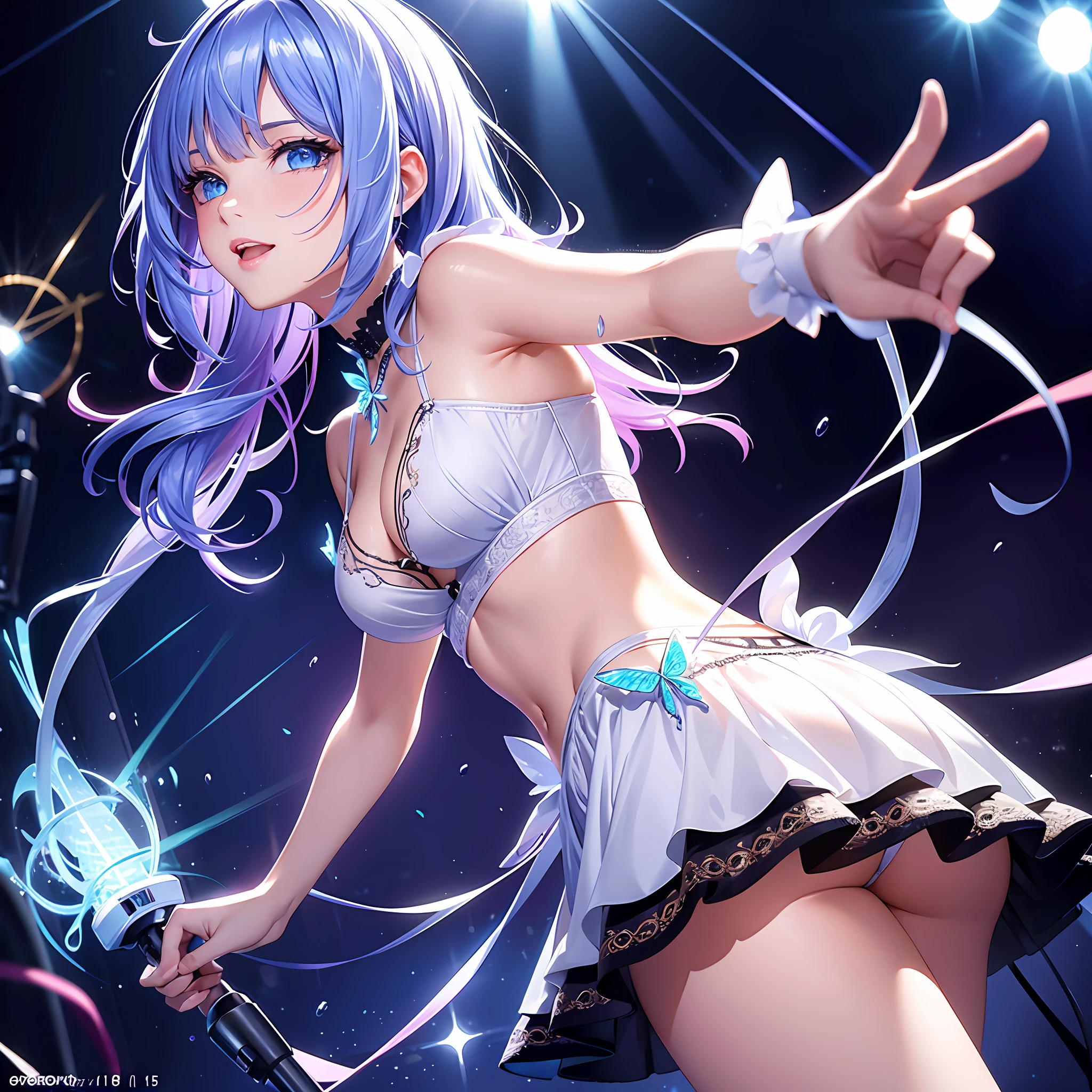 Illustration, cinematic light, high resolution, best quality, ultra detailed, detailed face, (detailed eyes), highest quality, super detailed, masterpiece, (detailed face), pretty face, best smile, sexy mature woman transparent (cute t-shirt) cloth, floating cloth, see-through, choker, , D cup, cleavage: 2, NSFW, high heels, blue eyes, neon small shiny hair edges, ruffled mini skirt, AI fantasy concert, glowing lighting with neon details, holding a microphone in left hand and singing: 15, black magic 💕, (live stage: 1.15) in the background audience, butt sticking out and singing, light reflection, heart-shaped iris, playful eyes, open shoulders, rain, (wet body), small glowing butterfly, hair jewelry, panties, (cute embroidered white string panties)
