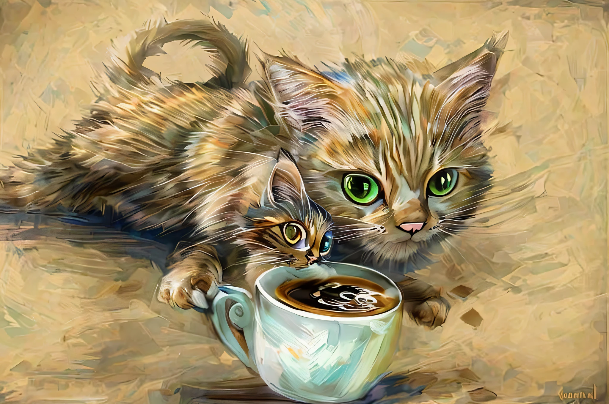 painting of a cat with a cup of coffee in its mouth, a cat sipping coffee, the cat is drinking tea, cat. digital painting, adorable digital painting, warrior cats fan art, cheshire cat drinking tea, furry art, furry art!!!, inspired by Muggur, portrait of morning coffee, furry digital art, morning coffee, anthro cat, cat drinking milk