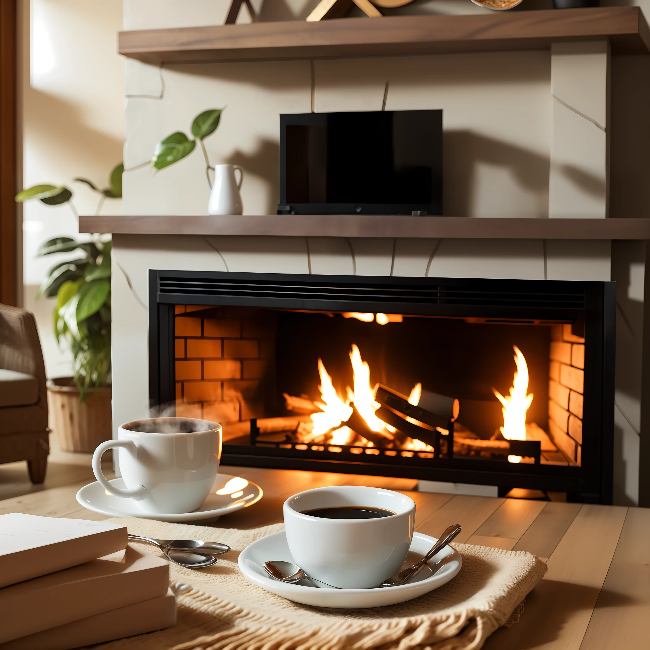 ((realistic)) A cup of coffee, fireplace in the background
