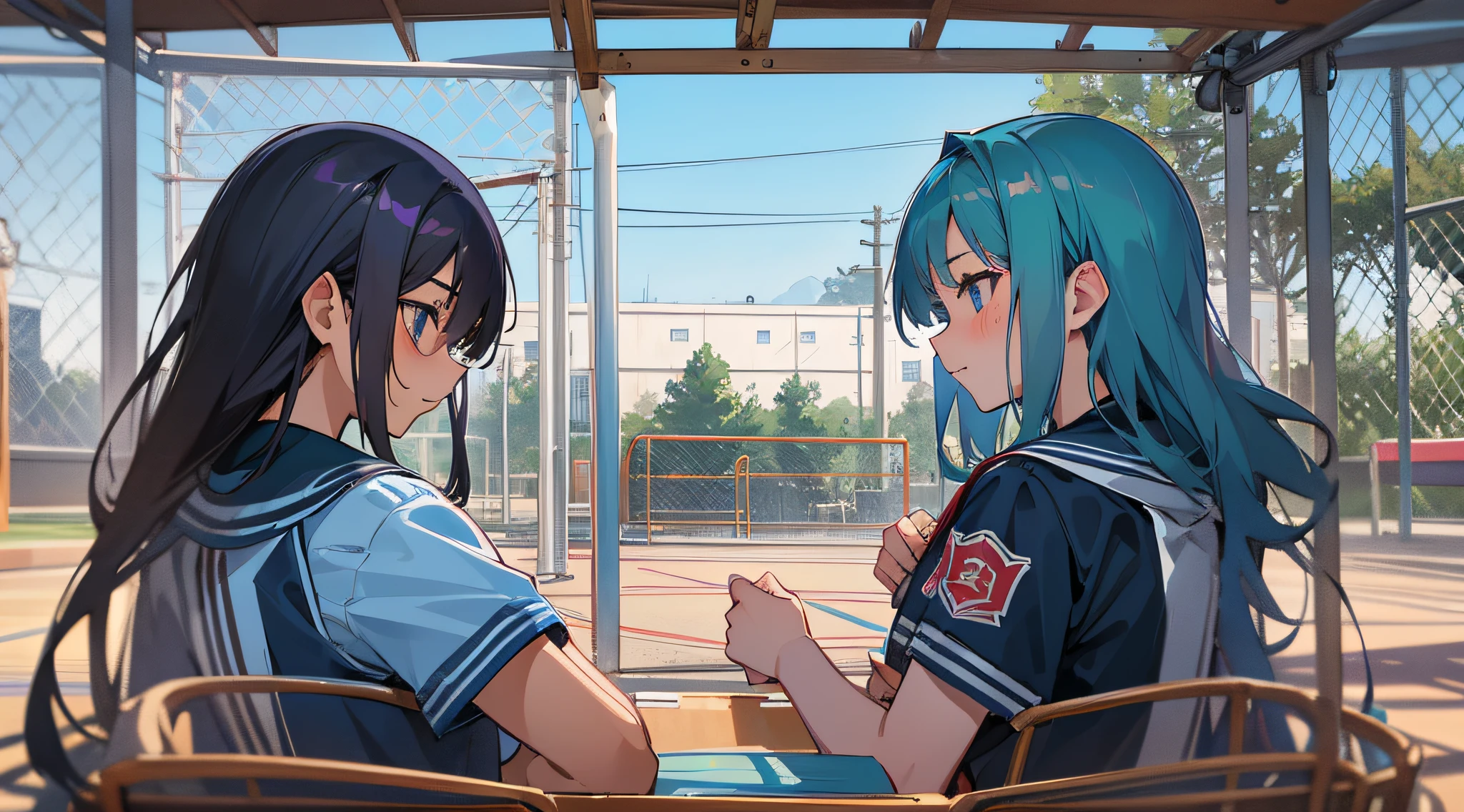 Two high school girls, 18 years old, school playground in background, diorama drawing, anime, UHD, textured skin, high quality, high detail --auto --s2