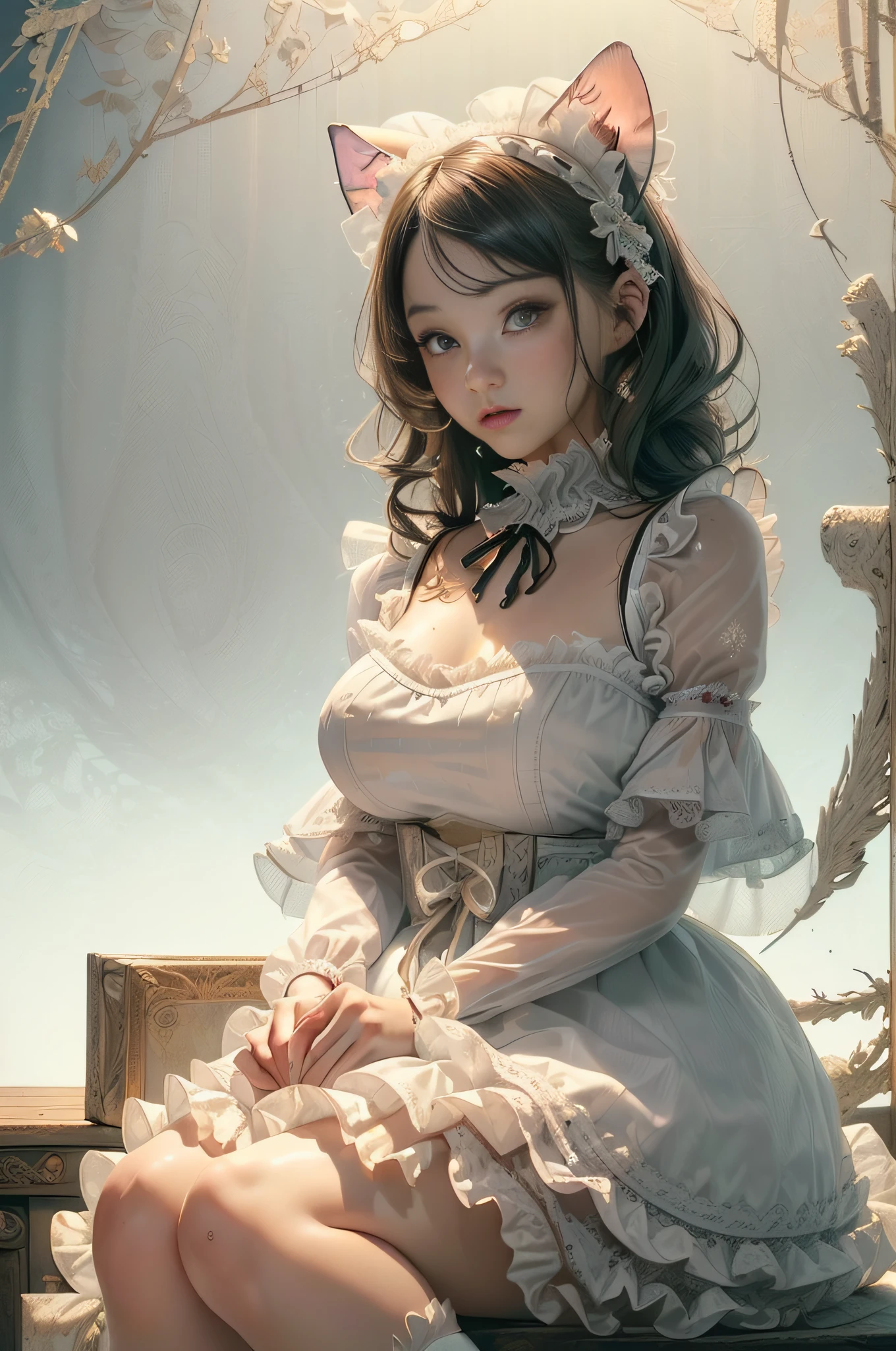 [Detailed illustrations, art based on extremely ideal ???????, very detailed and detailed drawings, slow and delicate lines, realistic texture expression],(((Color tressed main lines)),(Artwork with outstanding craftsmanship),(((Strange bedroom background)),Girl Japanese Beauty 15 years old (Luxury girl) [Cat ears (plump) (large, drooping ???????, (wide ???????))],( Babydoll) White corset (Ribbon ruffled lace fabric ((Lolita fashion: 0.4)))),(Realistic and lustrous skin expression ((High humidity))(Soft body)),(((Seated)) (Weakness)) Gravure,Transparency Soft ambient light,((Fine and beautiful skin expression (transparency)))),((Clear gaze)),((Perfect eye details (Beautifully drawn eyes in detail) ),(Beautiful perfect face (realistic face details)),((Beautiful hair details)),(Perfectly proportioned proportions)),(High-level built design,((Advanced structural understanding of materials)),Ideal color coordination),((Artistic decoration)) ((Dense details)),((Detail,High definition)),[(Ultra-precision detail),((Multi-layered texture) ), HighQuality, High Resolution],((Accurate simulation of light-material interaction, understanding of air flow, mechanically correct representation)),(((Visual art with a sense of narrative)).