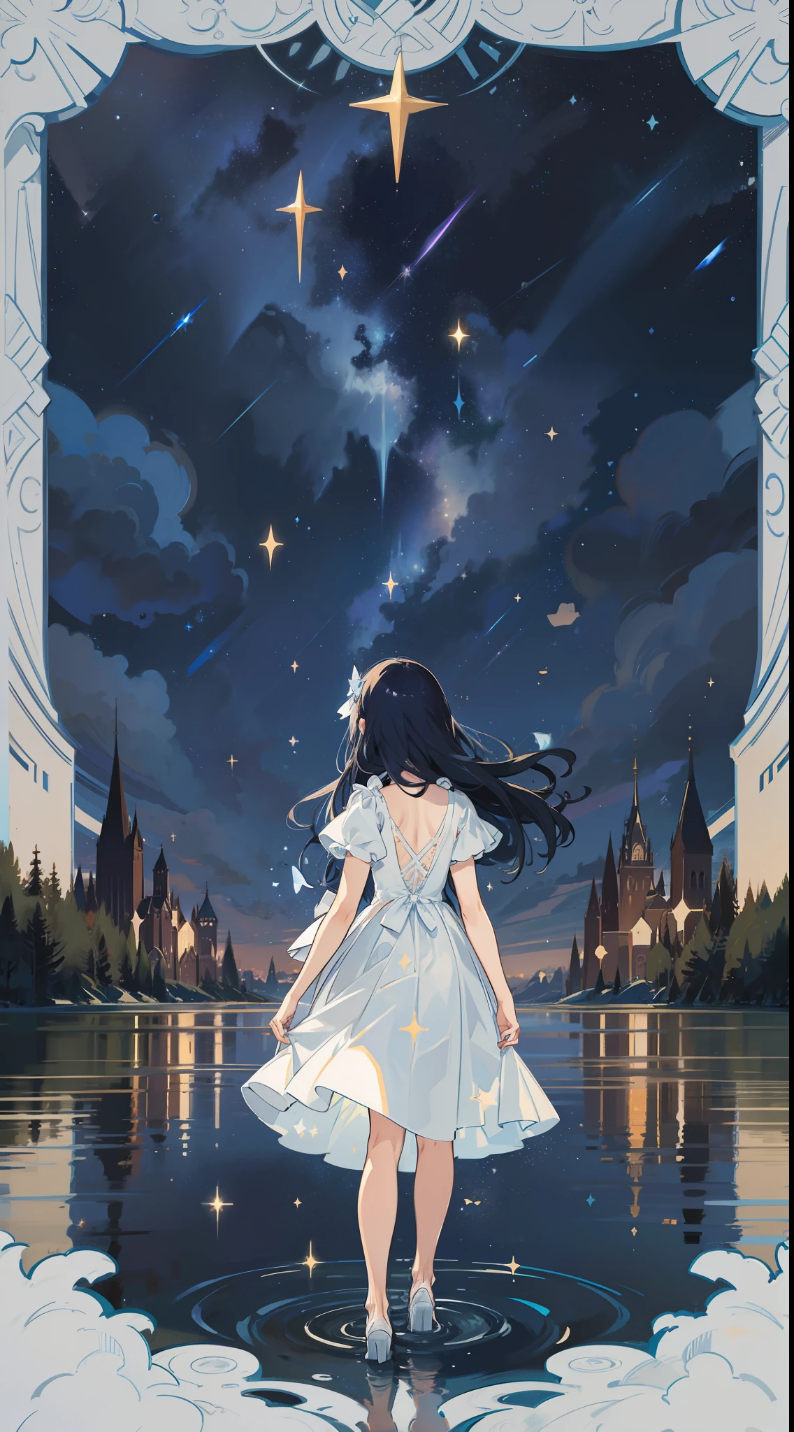 Under the starry sky, shooting stars, girl standing, back, small river reflecting the starry sky, girl long hair, white dress, hair flying, delicate, night, the character stands all over