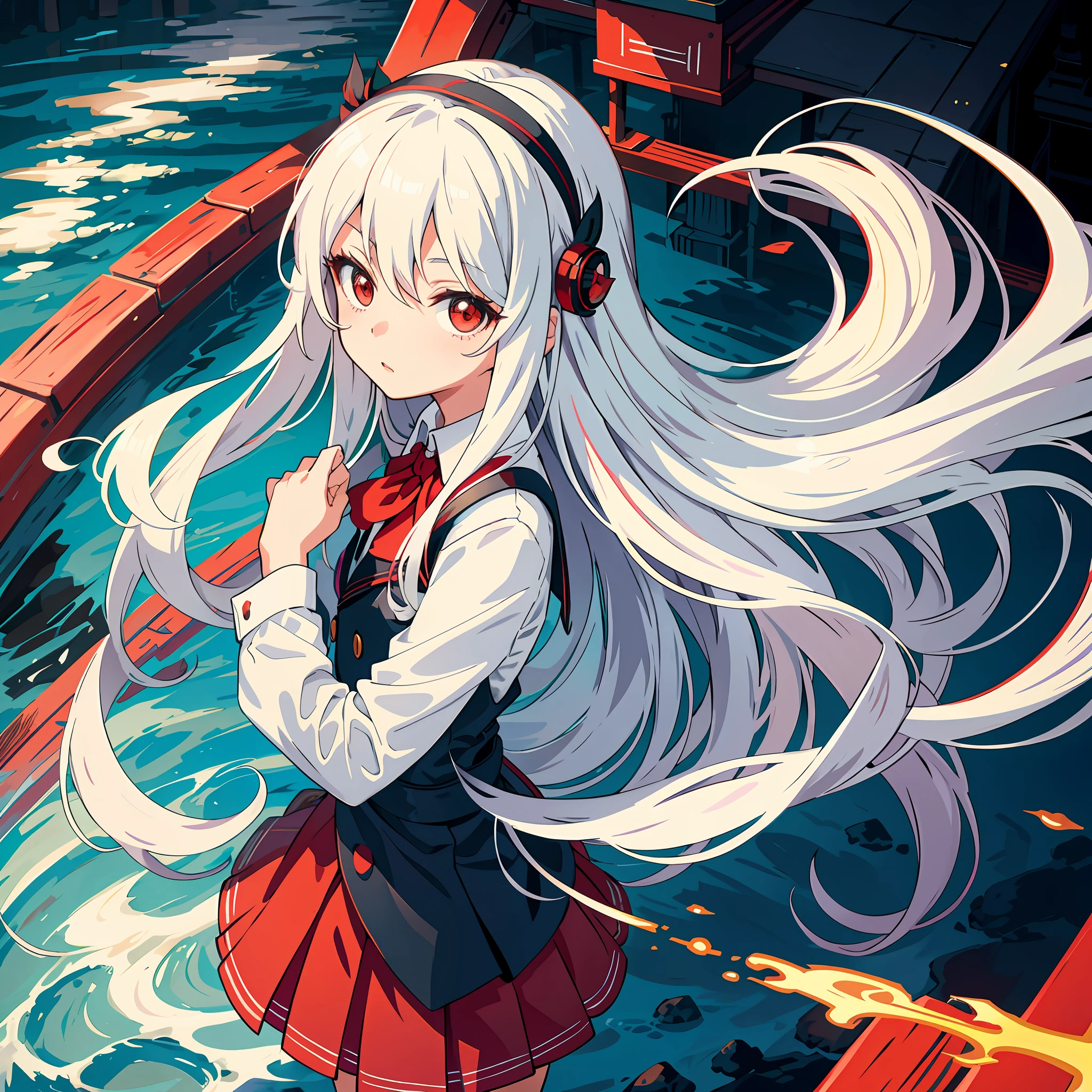 Amazing beautiful girl standing on bridge, solo, red eyes, silver hair, long hair, small chest, hair accessories, school uniform, petite, splash art anime , dawn, masterpiece, best quality, fine details,