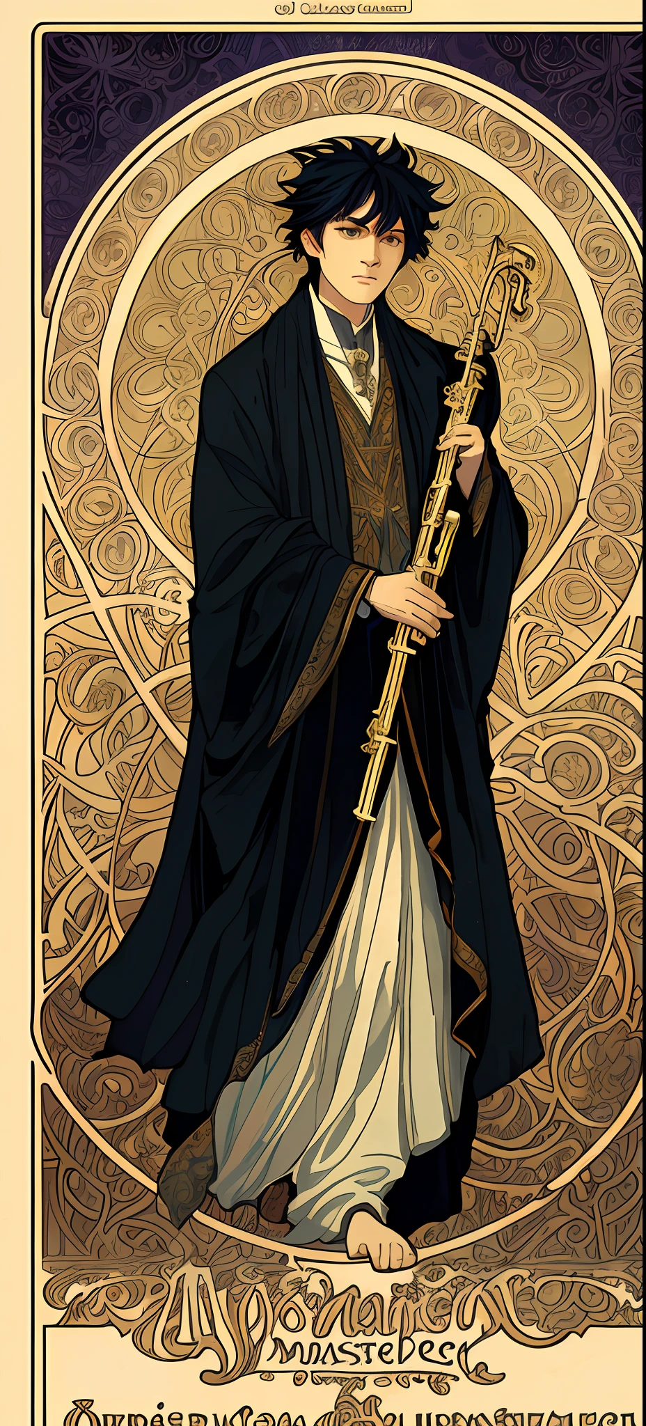 Masterpiece, high quality, very detailed CG unified 8k wallpaper, black robe male, short hair, holding flute, gloomy, cold, cold, cunning poster art inspired by Alphonse Mucha, mucha style 4K, alphonse mucha style, demura and alphonse mucha style, and flat shadow mucha style.