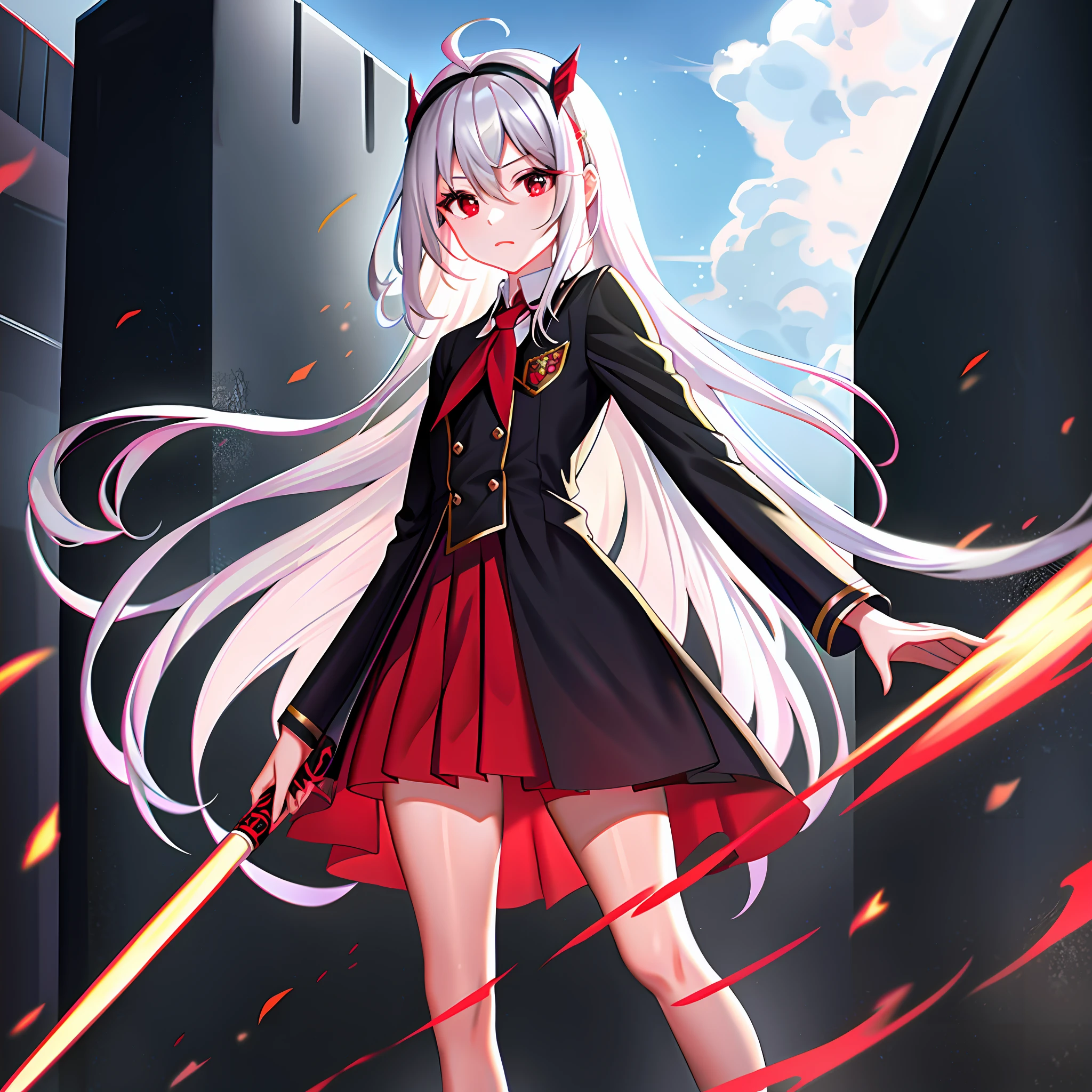 Amazing beautiful girl standing on wall, solo, red eyes, silver hair, long hair, small chest, hair accessories, school uniform, petite, splash art anime loli, dawn, masterpiece, best quality, fine details,
