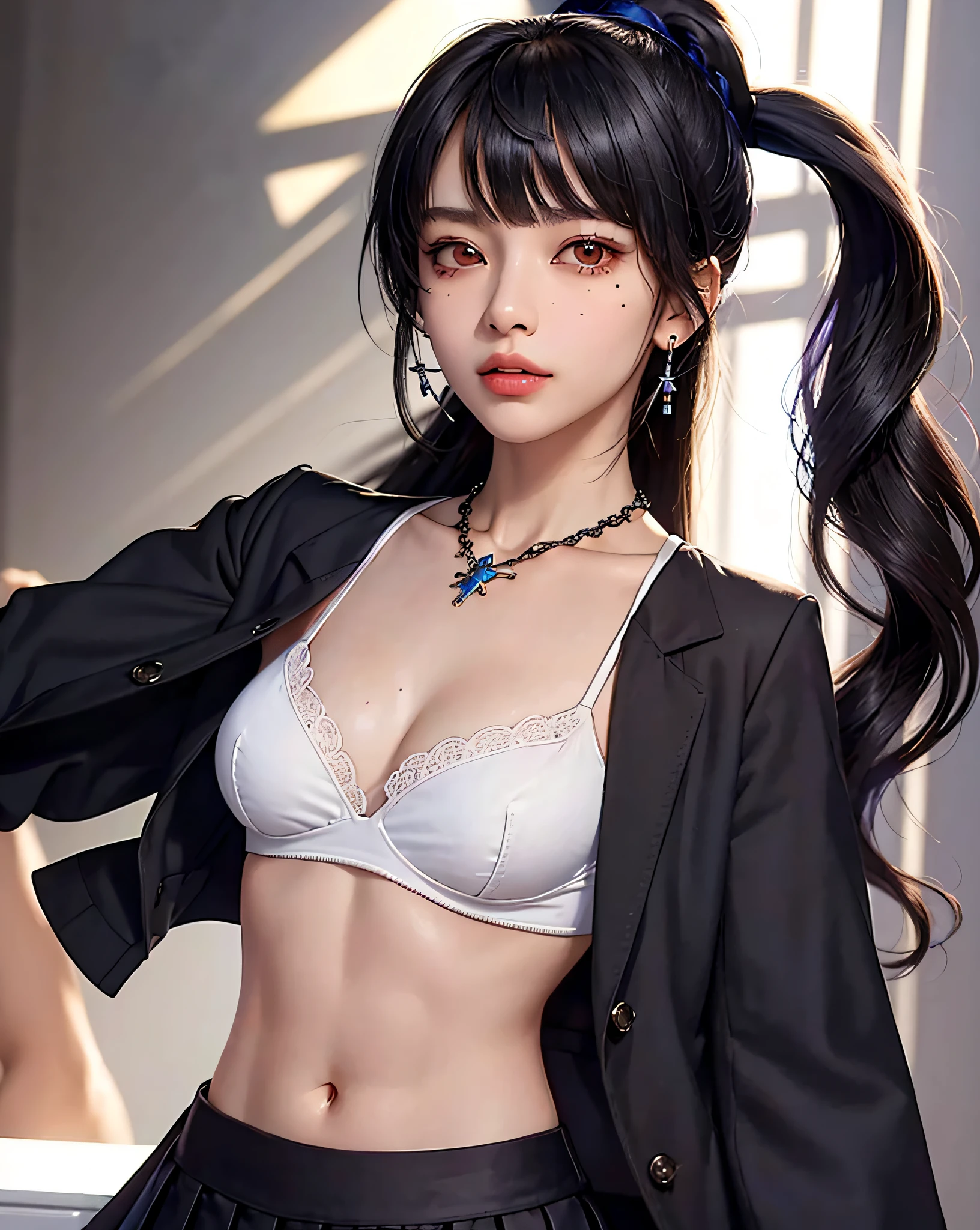 (Masterpiece, Best Quality, 1 Girl, Solo, Intricate Detail, Chromatic Aberration), (Reality), (Skin), 1 Girl Shizuku High Ponytail, ((Middle Breath)), (Brunet, Blunt Bangs), Detailed Hair, Red Heador, Blue Highlight, Hair More Than One Eye, Red Eye, Small Earrings, Sharp Eyes, Necklace, ((Black Crop Top Openwork)), (Symmetrical Eyes), (Perfectly Symmetrical Body), ((Natural Light))), Backlit, against gray walls, dim lighting, standing, (looking at the audience), ((Center shot, from the front, (face and waist) pronounced chest line Deep V realistic, high resolution, 1 girl, black wavy hair, small mole under the eyes, white shirt, black pleated skirt, pronounced chest line, long legs, tight abs, dynamic pose, catwalk Chest line Black pleated skirt Jacket revealing white bra Navel eyes High ponytail