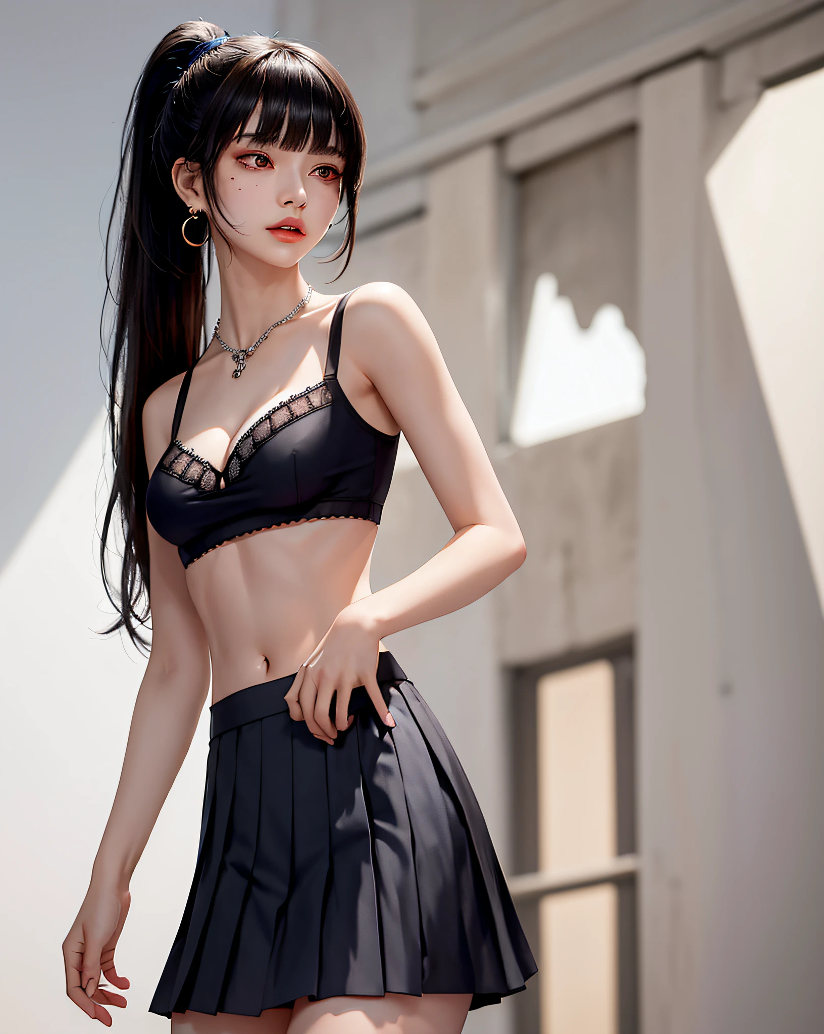 (Masterpiece, Best Quality, 1 Girl, Solo, Intricate Detail, Chromatic Aberration), (Reality), (Skin), 1 Girl Shizuku High Ponytail, ((Middle Breath)), (Brunet, Blunt Bangs), Detailed Hair, Red Heador, Blue Highlight, Hair More Than One Eye, Red Eye, Small Earrings, Sharp Eyes, Necklace, ((Black Crop Top Openwork)), (Symmetrical Eyes), (Perfectly Symmetrical Body), ((Natural Light))), Backlit, against gray walls, dim lighting, standing, (looking at the audience), ((Center shot, from the front, (face and waist) pronounced chest line Deep V realistic, high resolution, 1 girl, black wavy hair, small mole under the eyes, white shirt, black pleated skirt, pronounced chest line, long legs, tight abs, dynamic pose, catwalk Chest line Black pleated skirt Jacket revealing white bra Navel eyes High ponytail