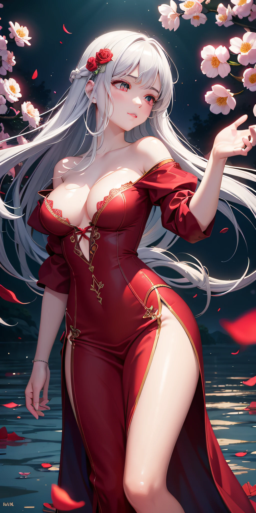 Close-up, looking at the camera, beautiful girl, garlic, flower, (beautiful girl), delicate facial features, detailed portrayal of the corners of the eyes, bust photo, moist lips, sad eyes, long white hair, smooth and delicate skin, ((red clothes)), red long skirt, bare thighs, brilliant and colorful, fantasy art, mysticism, dream scene, dream, dream light, seduction, psychedelic, misty halo, (((night))), ((night)), river bank, full of flowers on the other side, dreamy, flying red tiny petals, Red fluorescent petals, fluorescent flowers, fluorescent flowing water, standing in water, shallow water, master works, extreme detail, dissection correctly, correct limbs, accurate, hud, HD, exquisite details, 8K, red light