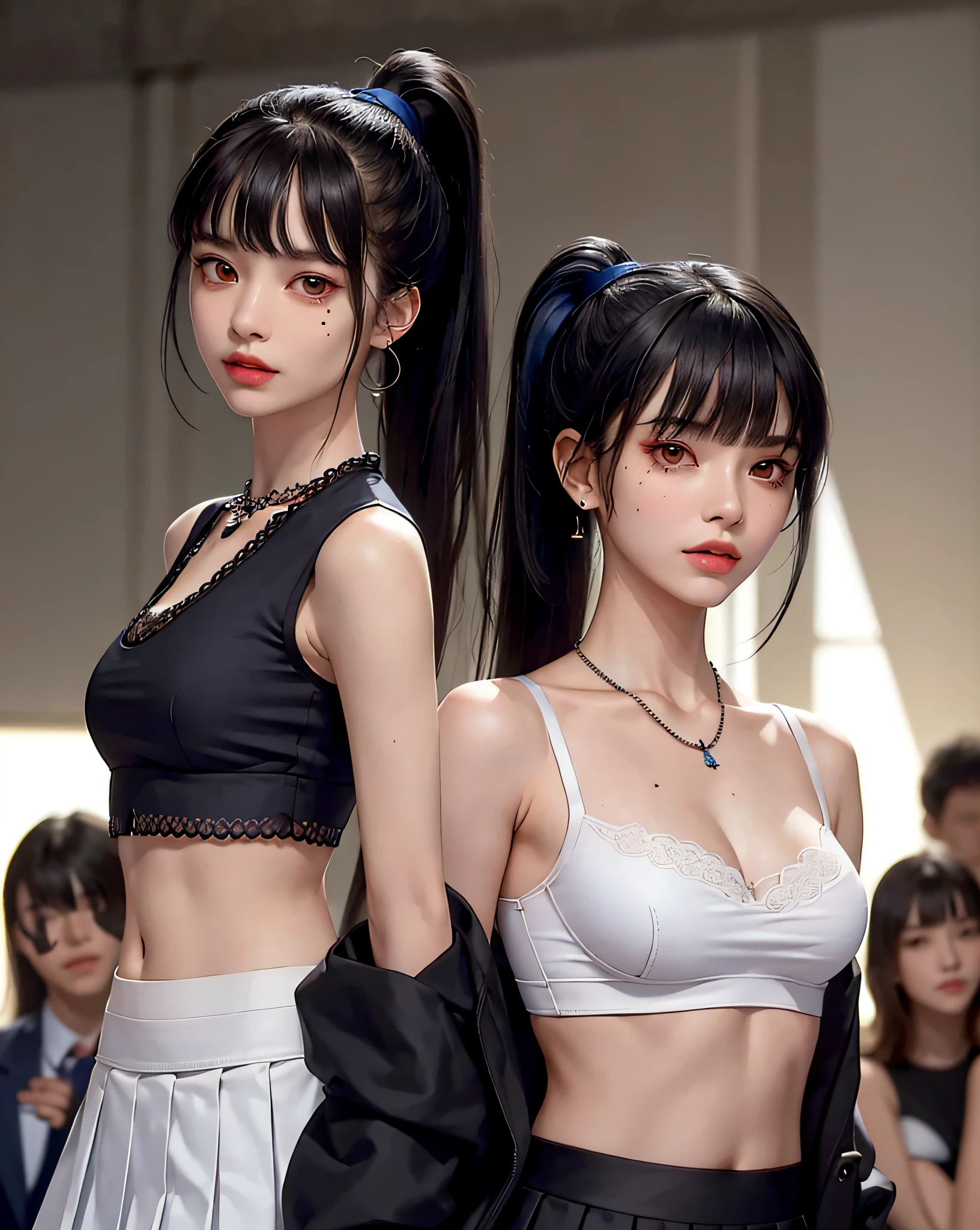 (Masterpiece, Best Quality, 1 Girl, Solo, Intricate Detail, Chromatic Aberration), (Reality), (Skin), 1 Girl Shizuku High Ponytail, ((Middle Breath)), (Brunet, Blunt Bangs), Detailed Hair, Red Heador, Blue Highlight, Hair More Than One Eye, Red Eye, Small Earrings, Sharp Eyes, Necklace, ((Black Crop Top Openwork)), (Symmetrical Eyes), (Perfectly Symmetrical Body), ((Natural Light))), Backlit, against gray walls, dim lighting, standing, (looking at the audience), ((Center shot, from the front, (face and waist) pronounced chest line Deep V realistic, high resolution, 1 girl, black wavy hair, small mole under the eyes, white shirt, black pleated skirt, pronounced chest line, long legs, tight abs, dynamic pose, catwalk Chest line Black pleated skirt Jacket revealing white bra Navel eyes High ponytail