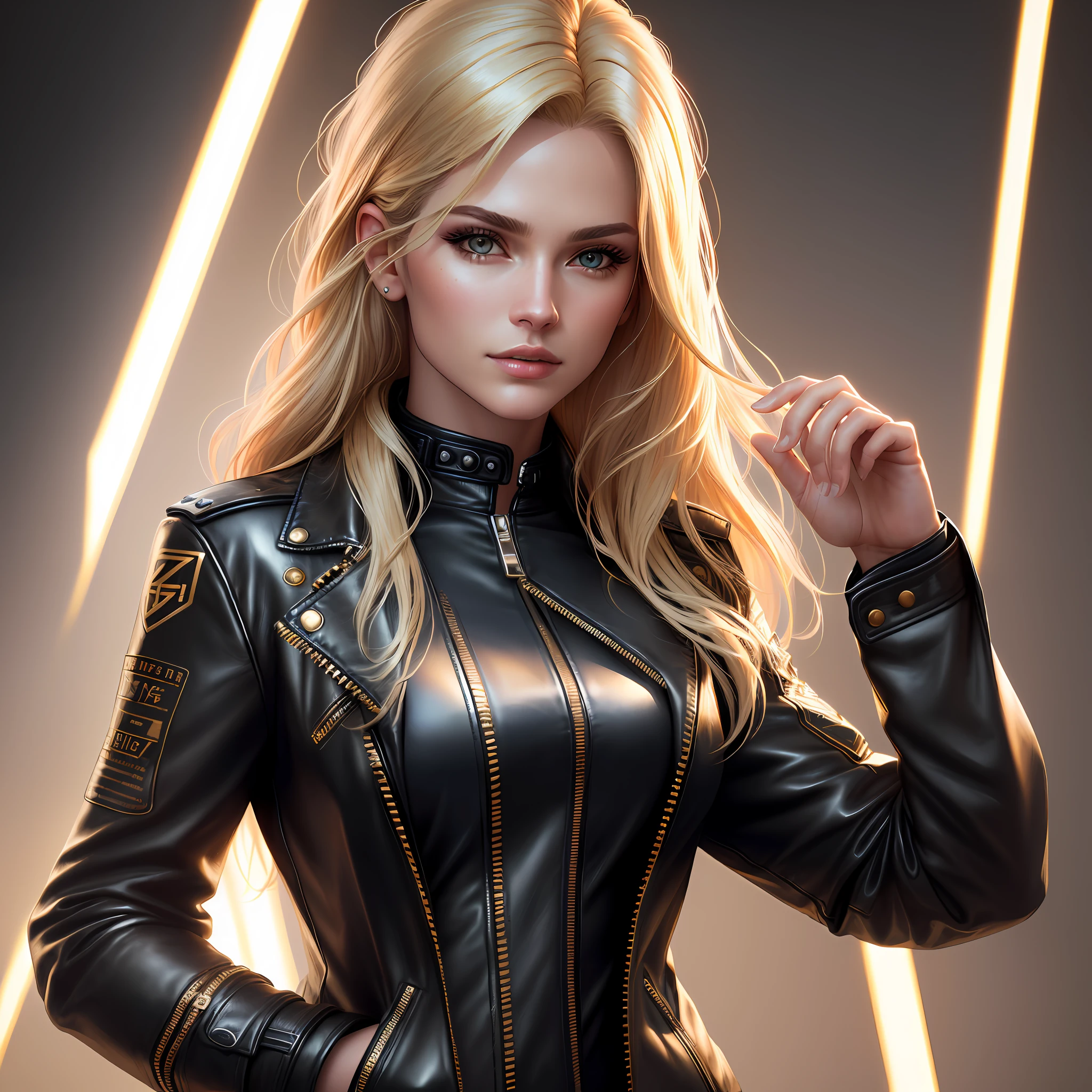 Create super realistic sexy female model with close shot , leather jacket , golden hair , 8k resolution , detailed skin texture , hairs should be detailed, capture Sony alpha camera, high res, dramatic lighting,