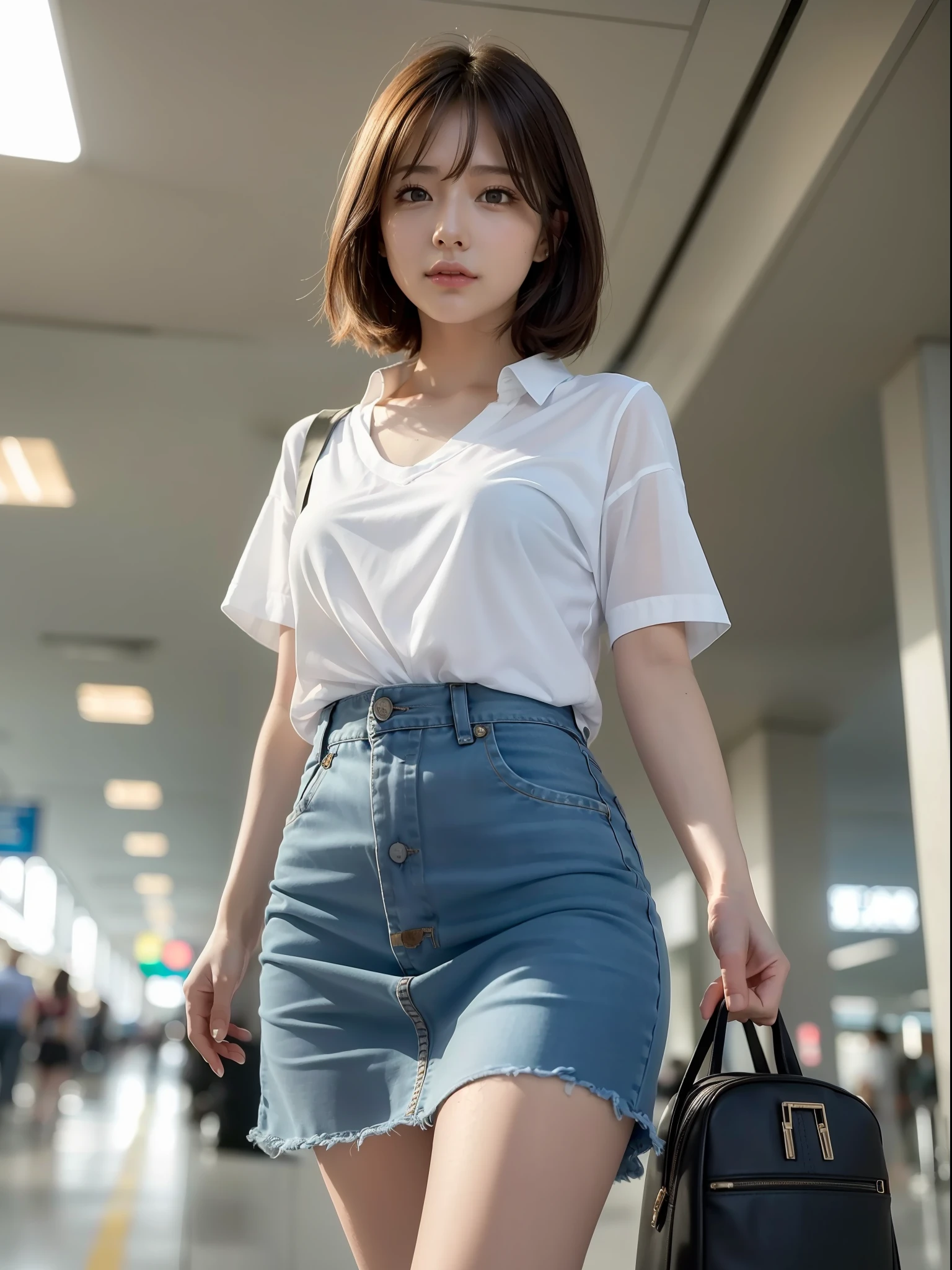 ((Best quality, 8k, Masterpiece: 1.3)), Sharp focus: 1.2, (realistic, photo-realistic:1.37), (1 AESPA girl: 1.2), beautiful face girl with cellphone, cute face, age 24, small breasts, flat chest, brunette short messy hair, walking, white shirt, camisole, skirt, airport, terminal, station, sunlight, kindness, cinematic lighting, from below, (8k, masterpiece, best quality, raw photo)