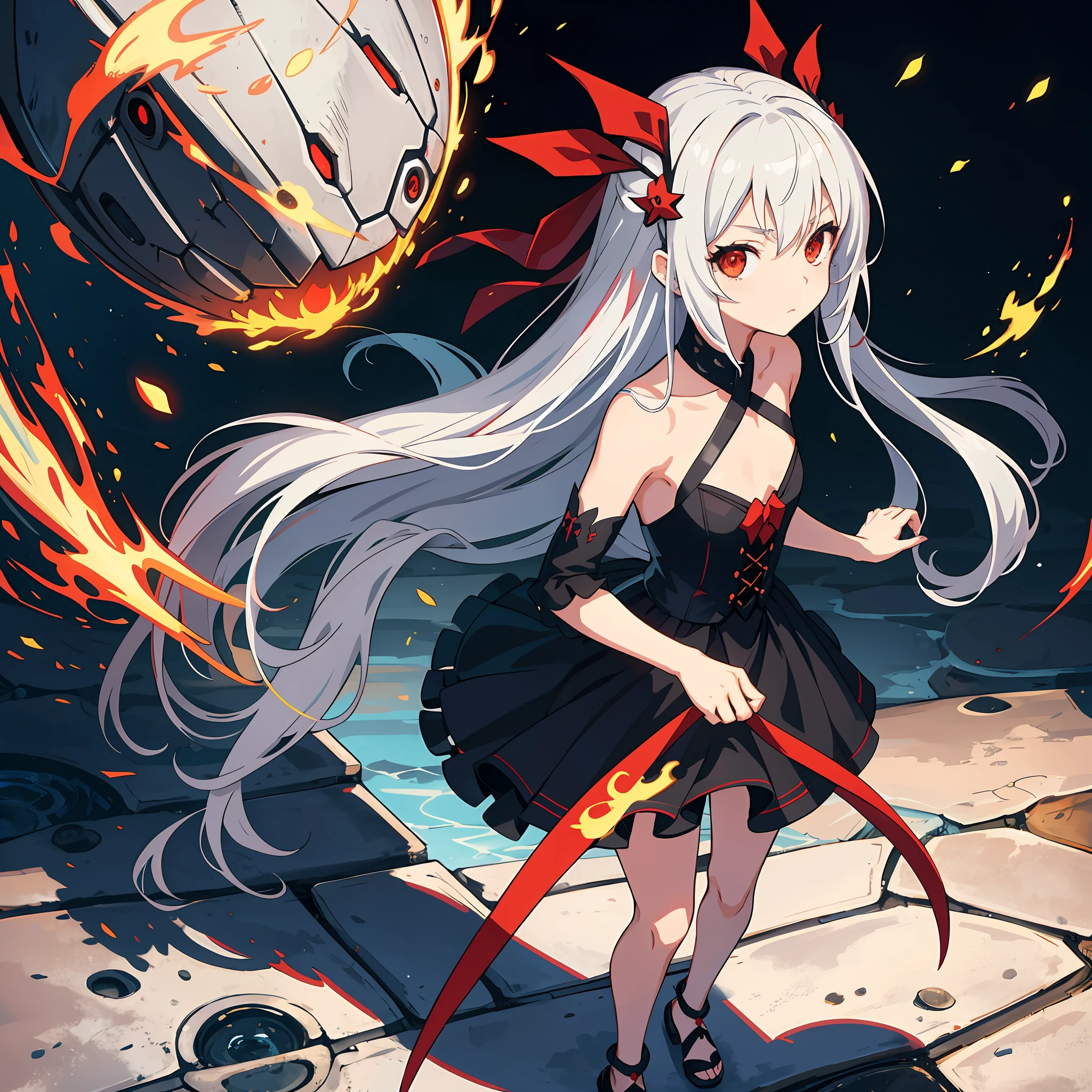 Amazing beautiful girl standing on the wall, solo, red eyes, silver hair, long hair, small chest, hair accessories, black dress, petite, splash art anime loli, dawn, masterpiece, best quality, fine details,