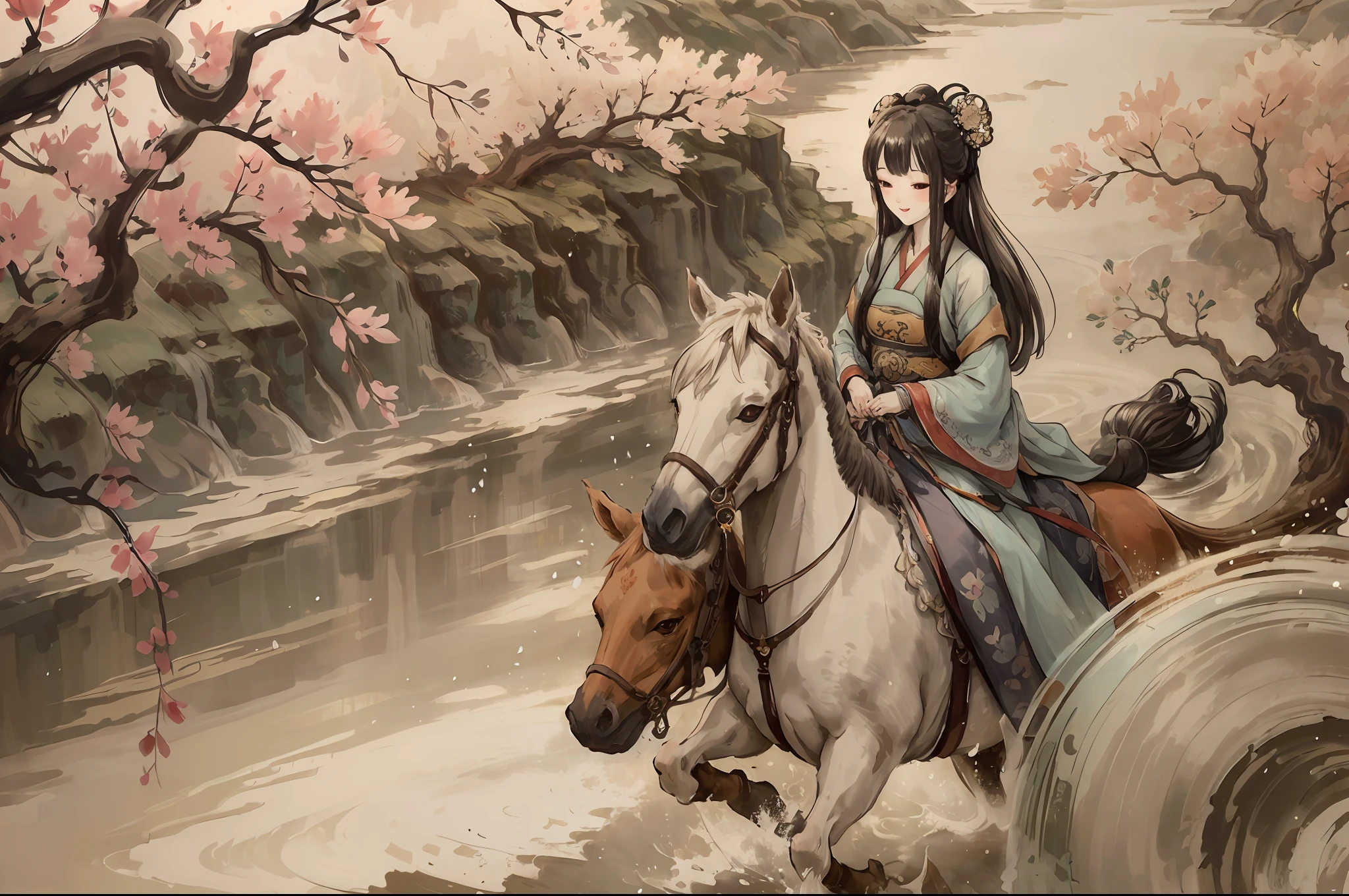 Shuke on horseback, negative space, water sunglasses, female statue, willow branch, (masterpiece, best quality: 1.2), Chinese painting, model style, peaceful, (smiling), looking at viewer, wearing long Hanfu, Hanfu, song, Willow tree in the background, Wuchangshuo, on the top of the mountain