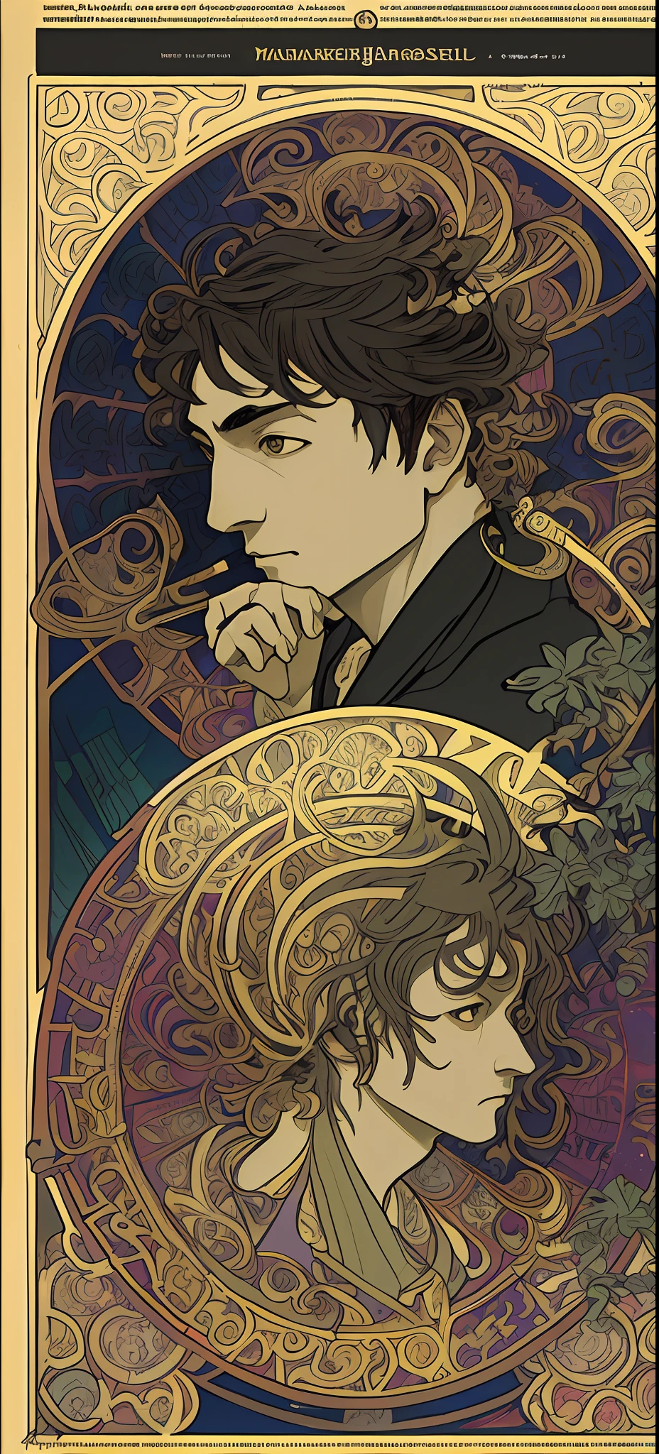 Masterpiece, high quality, very detailed CG unified 8k wallpaper, black robe male, short hair, very handsome, very scary, holding a flute, gloomy, cold, cold, cunning, poster art inspired by Alphonse Mucha, mucha style 4K, alphonse mucha style, demura and alphonse mucha style, and flat shadow mucha style.