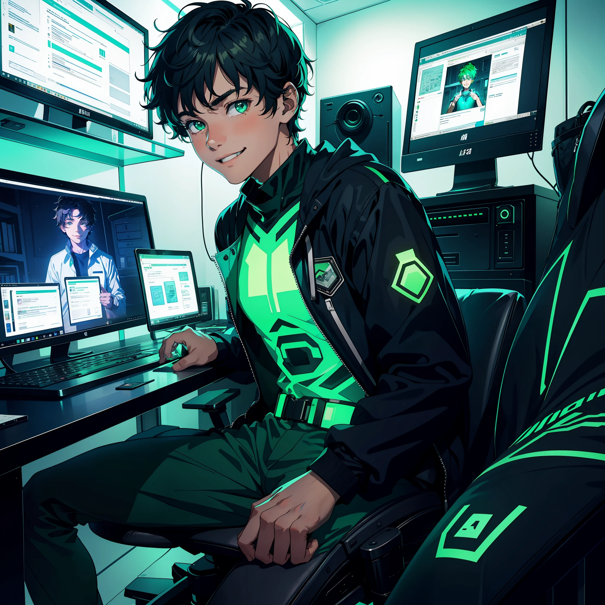 An 18-year-old man sitting in front of a computer screen, smiling and with green glowing in his eyes, was in the room, solo