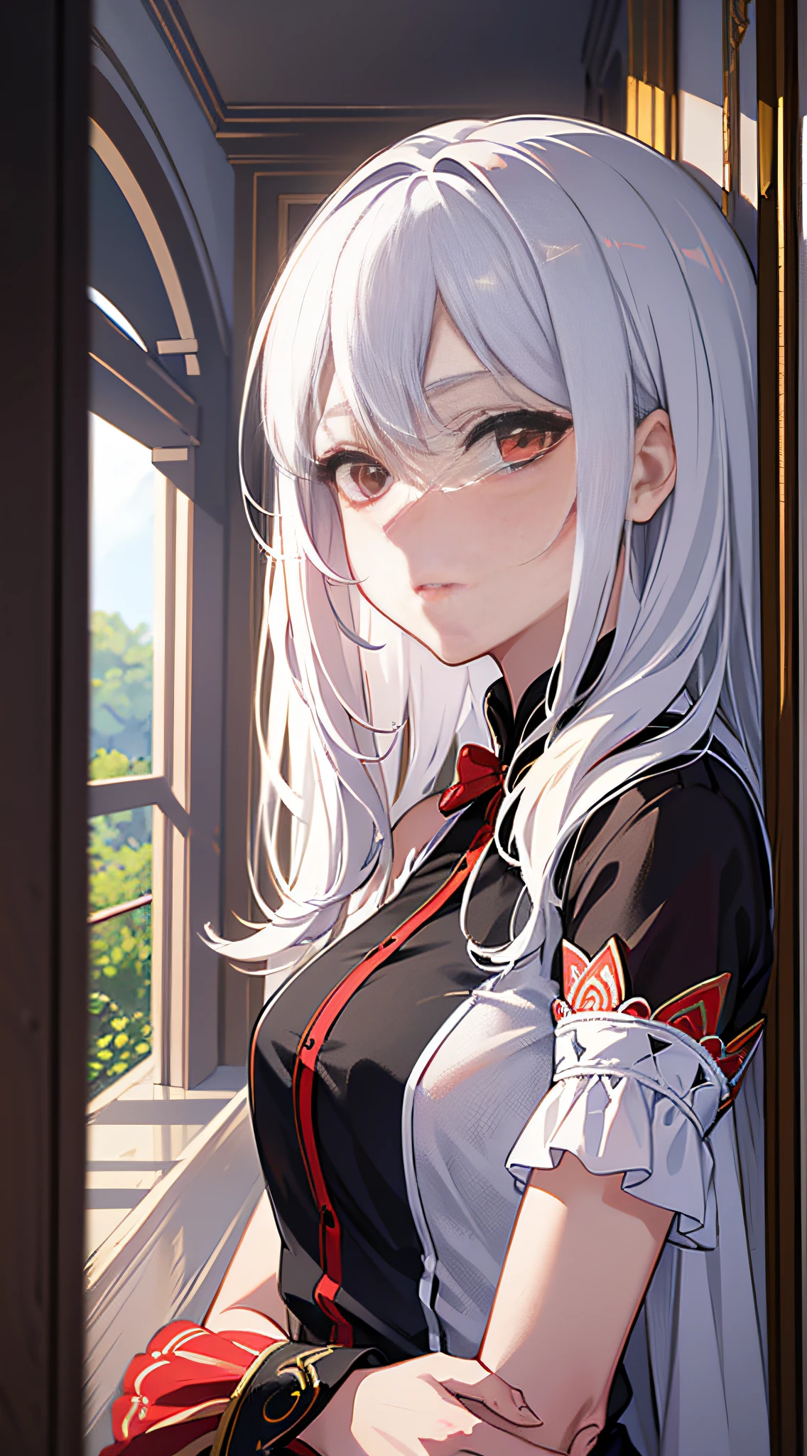 Artwork, masterpiece, extremely detailed 8k CG unit wallpaper, vibrant incredible colors, of a beautiful girl with white hair, red eyes, wearing a simple sensual blouse, almost transparent, her gaze focused on the viewer, background of scenery of a beautiful room, a calm, soft, simple light on the face of the beautiful girl.