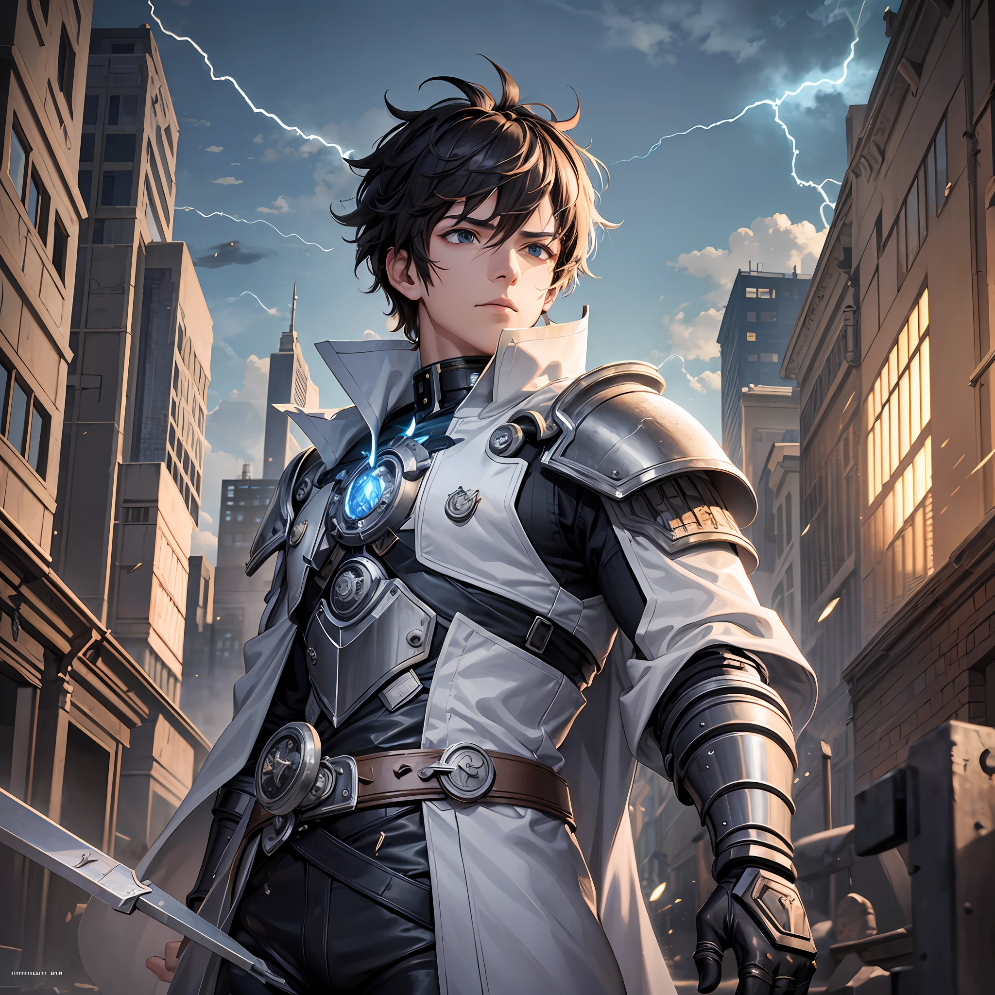 (Masterpiece, best quality:1.2),Anime boy,messy hairstyle,ready for battle,close up shot, damaged armour, (mechanical left hand),(white lightning gathering around the mechanical hand), wearing a torn black cloak, surrounded by ancient buildings,runes, fantastic details, atmospheric,highest quality digital art, Stunning art, wallpaper 4k,8k,64k, HD, unparalleled masterpiece, dynamic lighting, cinematic, epic