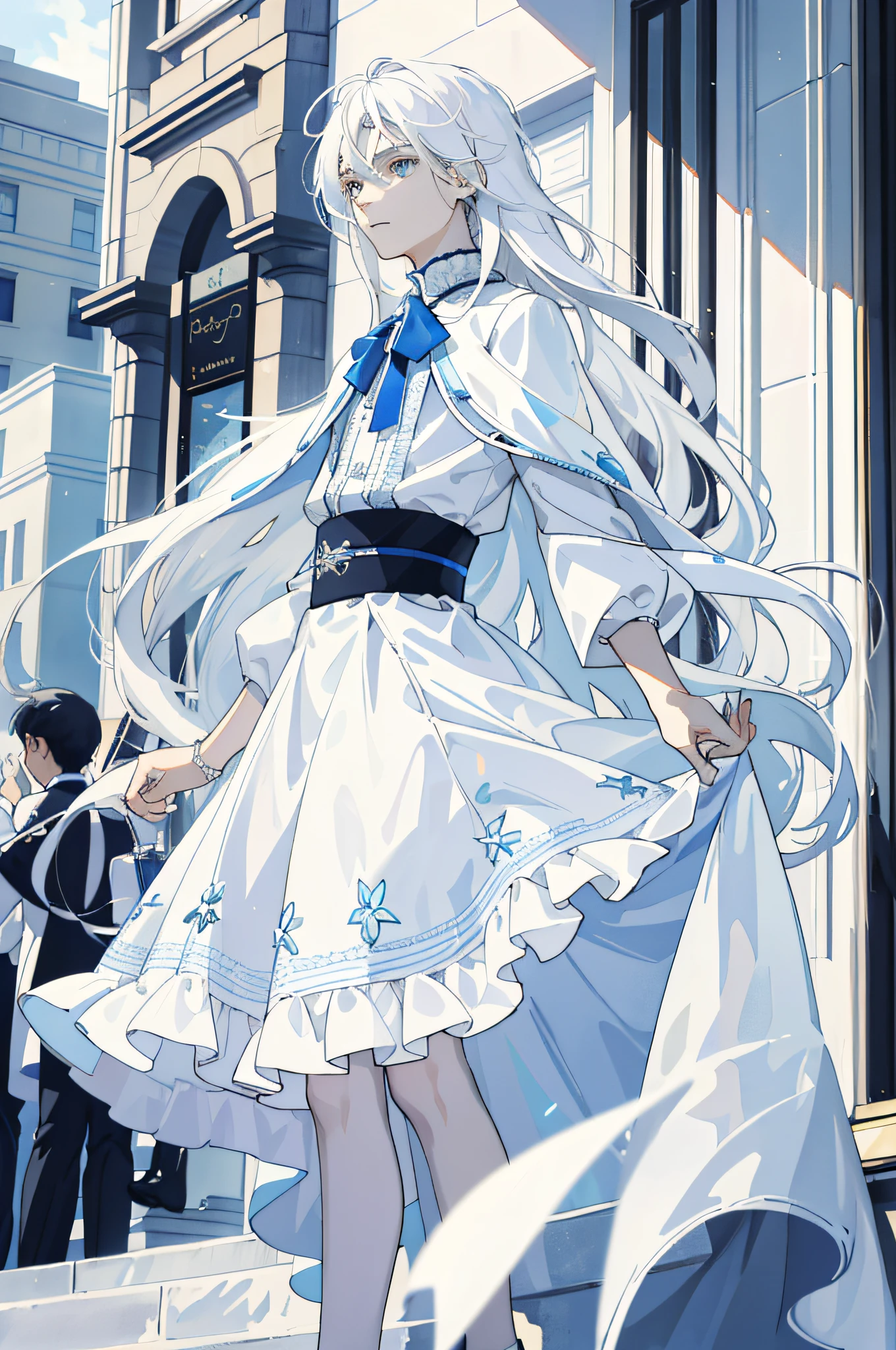 Masterpiece, best quality, 1 male, teenager, delicate face, delicate eyes, intricate details, (white hair, long hair, no bangs, delicate skirt, white skin), white, blue, mall, city