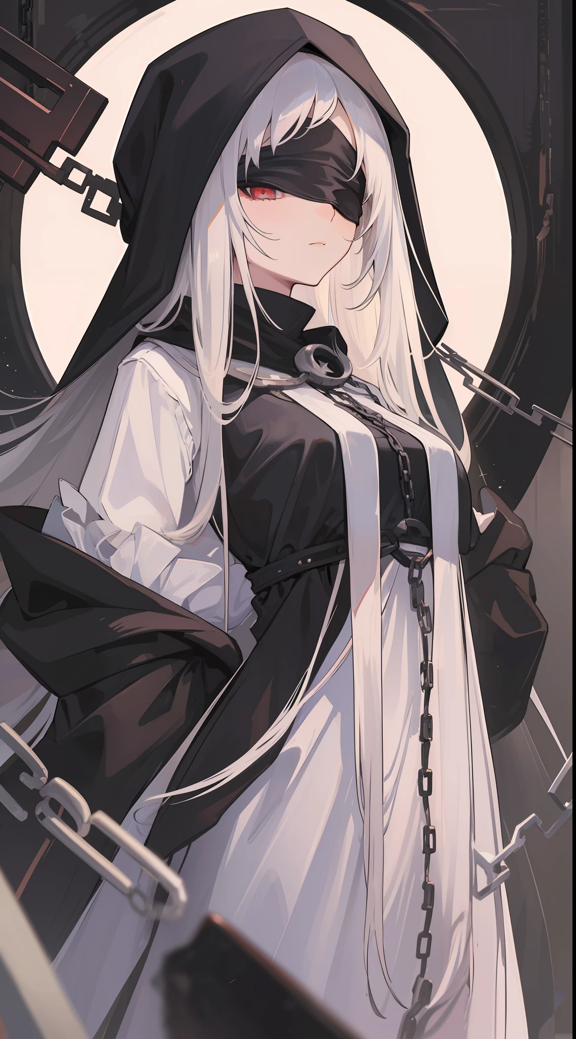 1mysterious girl, wearing a hood and a black blindfold covering eye, wearing the clothes of a Dark priestest, her long white hair was loose and her body was bound by divine chains.