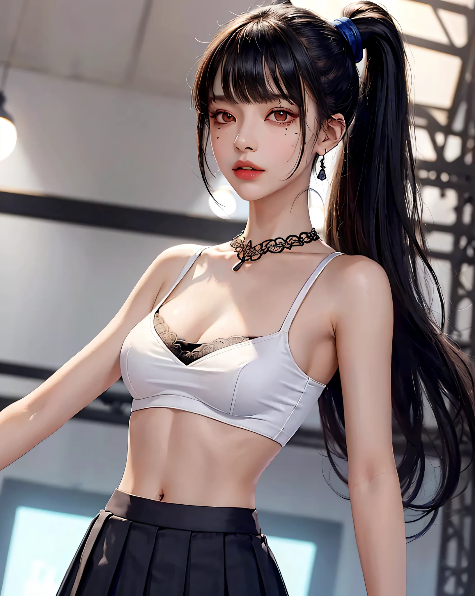 (Masterpiece, Best Quality, 1 Girl, Solo, Intricate Detail, Chromatic Aberration), (Reality), (Skin), 1 Girl Shizuku High Ponytail, ((Middle Breath)), (Brunet, Blunt Bangs), Detailed Hair, Red Heador, Blue Highlight, Hair More Than One Eye, Red Eye, Small Earrings, Sharp Eyes, Necklace, ((Black Crop Top Openwork)), (Symmetrical Eyes), (Perfectly Symmetrical Body), ((Natural Light))), Backlit, against gray walls, dim lighting, standing, (looking at the audience), ((Center shot, from the front, (face and waist) pronounced chest line Deep V realistic, high resolution, 1 girl, black wavy hair, small mole under the eyes, white shirt, black pleated skirt, pronounced chest line, long legs, tight abs, dynamic pose, catwalk Chest line Black pleated skirt Jacket revealing white bra Navel eyes High ponytail