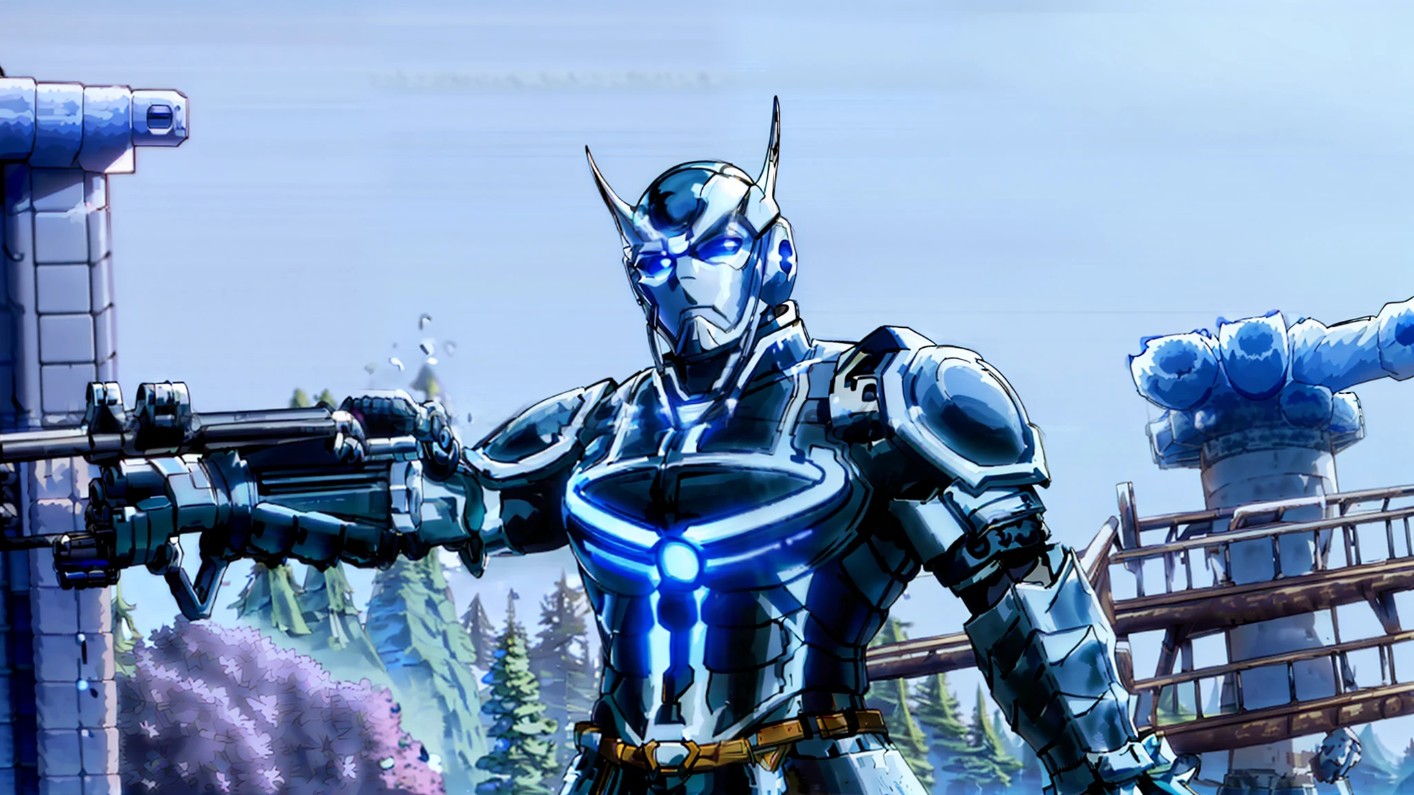 A mechanical robot, muscular, burly body with a gun in his hand, photography style, forest in the background, real landscape (metallic texture 1.8) (super detail 2) (high resolution 1.6) (4K sharpness 1.9) (wet body 1.5)