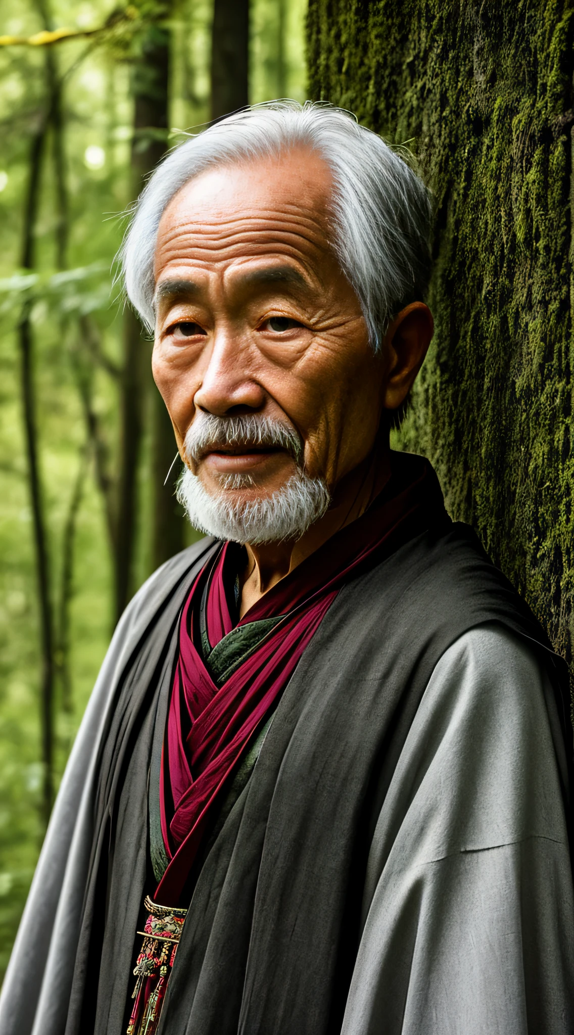 Portrait photography style, world masterpiece, super unique high professional digital art, film format, hyper-realism, color cinematography with ultra-fine details and quality, background is deep in the forest, an old man in rural China, an old man with wisdom. He wears an old cloak and his eyes are kind and shrewd. His skin has been blackened and powerful by the sun and rain, and the wrinkles are fixed on the corners of his mouth and forehead, making it seem that his years have precipitated. Although wearing a dark gown, although simple in appearance, it exudes sublime wisdom and a sense of tenacity of strength.