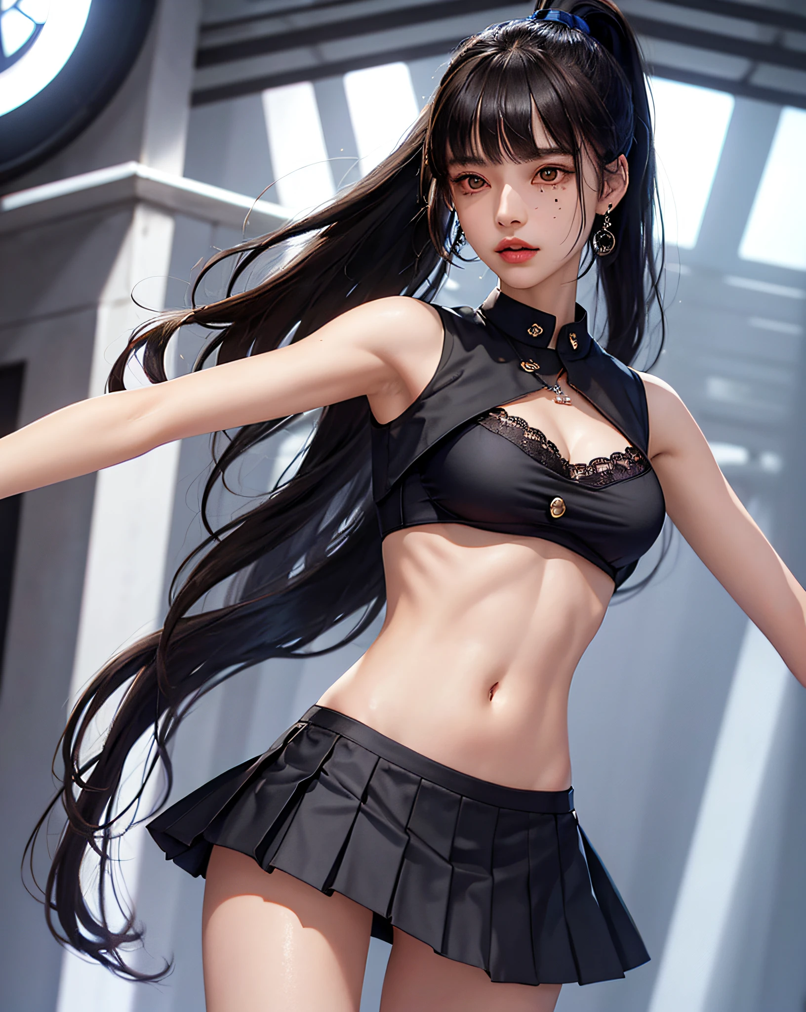 (Masterpiece, Best Quality, 1 Girl, Solo, Intricate Detail, Chromatic Aberration), (Reality), (Skin), 1 Girl Shizuku High Ponytail, ((Middle Breath)), (Brunet, Blunt Bangs), Detailed Hair, Red Heador, Blue Highlight, Hair More Than One Eye, Red Eye, Small Earrings, Sharp Eyes, Necklace, ((Black Crop Top Openwork)), (Symmetrical Eyes), (Perfectly Symmetrical Body), ((Natural Light))), Backlit, against gray walls, dim lighting, standing, (looking at the audience), ((Center shot, from the front, (face and waist) pronounced chest line Deep V realistic, high resolution, 1 girl, black wavy hair, small mole under the eyes, white shirt, black pleated skirt, pronounced chest line, long legs, tight abs, dynamic pose, catwalk Chest line Black pleated skirt Jacket revealing white bra Navel eyes High ponytail