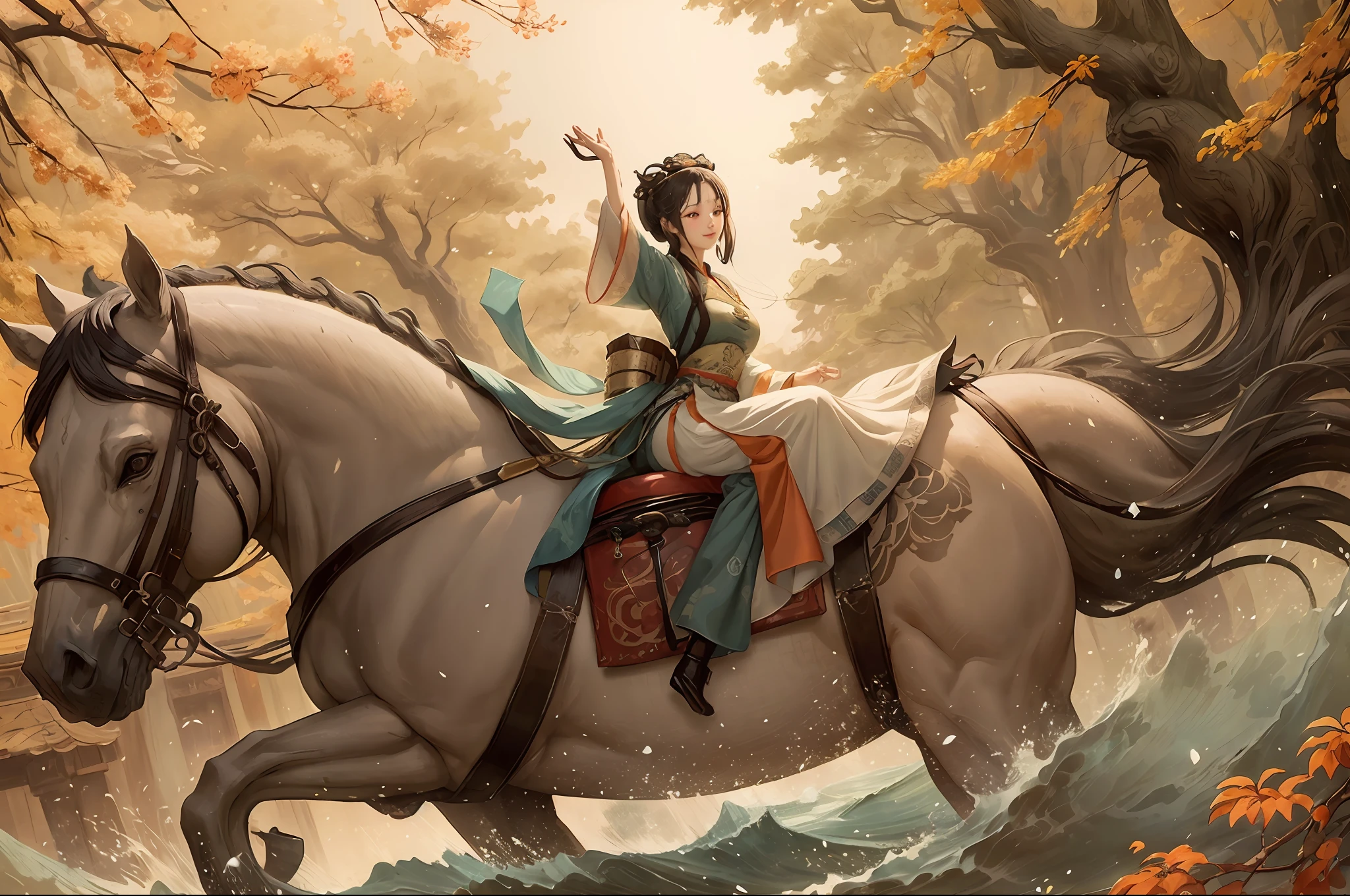 Shuke on horseback, negative space, water sunglasses, female statue, willow branch, (masterpiece, best quality: 1.2), Chinese painting, model style, peaceful, (smiling), looking at viewer, wearing long Hanfu, Hanfu, song, Willow tree in the background, Wuchangshuo, on the top of the mountain