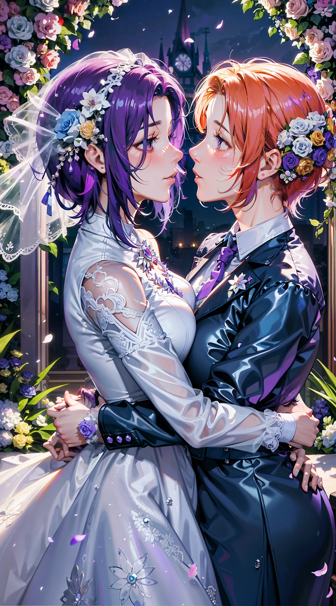 8K, masterpiece, one purple hair and one redhead, bride hugging each other in flower garden, photo of Pat Adams, romanticism, lesbian kiss, Alana Fletcher, lesbian hug, kissing each other, bride, kissing together, hugging each other, kissing together perfectly, cutely, goddess, two beautiful women in love, bouquet