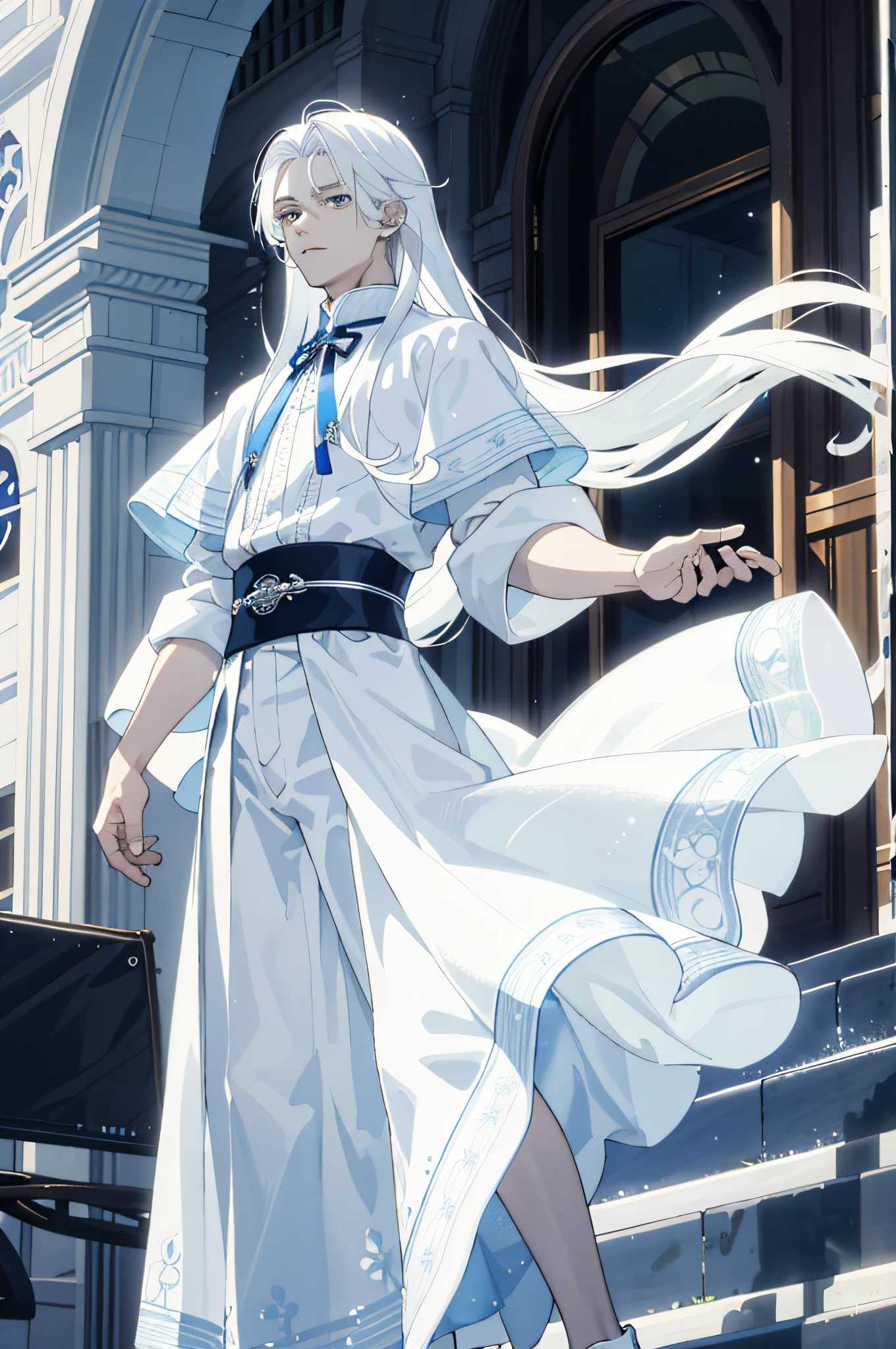 Masterpiece, best quality, 1 male, ager, delicate face, delicate eyes, intricate details, (white hair, long hair, no bangs, delicate skirt, white skin), white, blue, mall, city