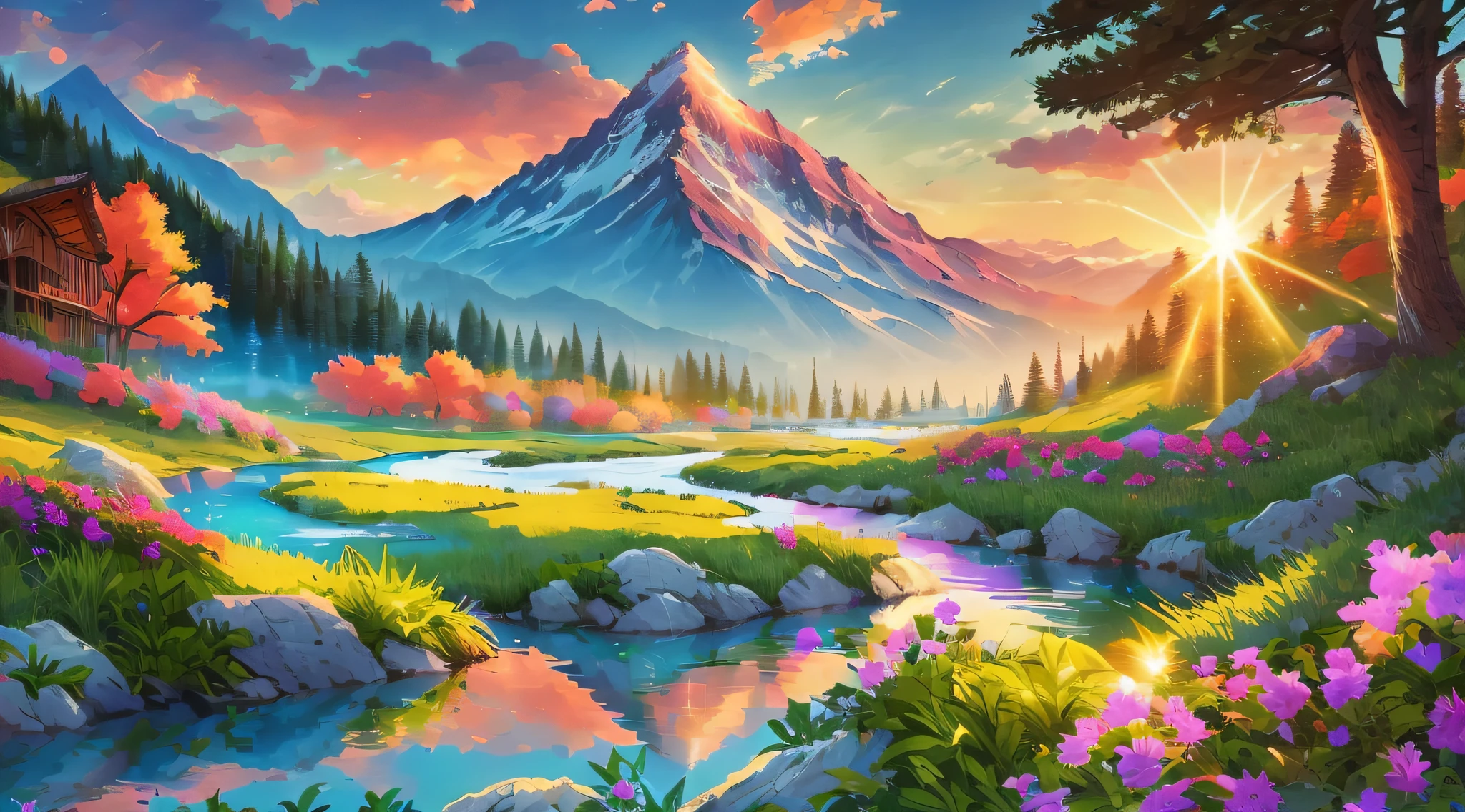 (best illumination, best shadow), scenic anime landscape, beautiful nature scenery, breathtaking view, majestic mountains, lush greenery, flowing streams and rivers, colorful flora and fauna, peaceful atmosphere, magical sunset.