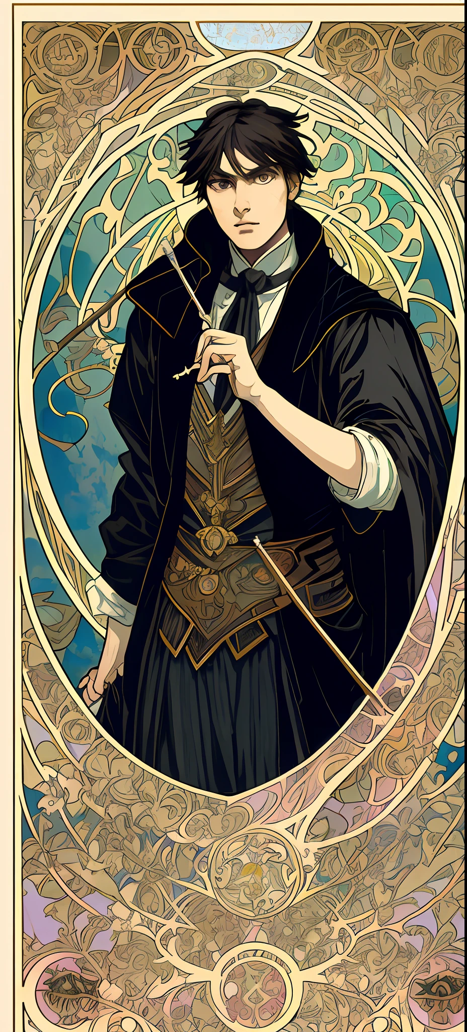 Masterpiece, high quality, very detailed CG unified 8k wallpaper, black battle robe male, full body, short hair, very handsome, very scary, holding flute, gloomy, cold, cold, cunning, poster art inspired by Alphonse Mucha, mucha style 4K, alphonse mucha style, demura and alphonse mucha style, and flat shadow mucha style.