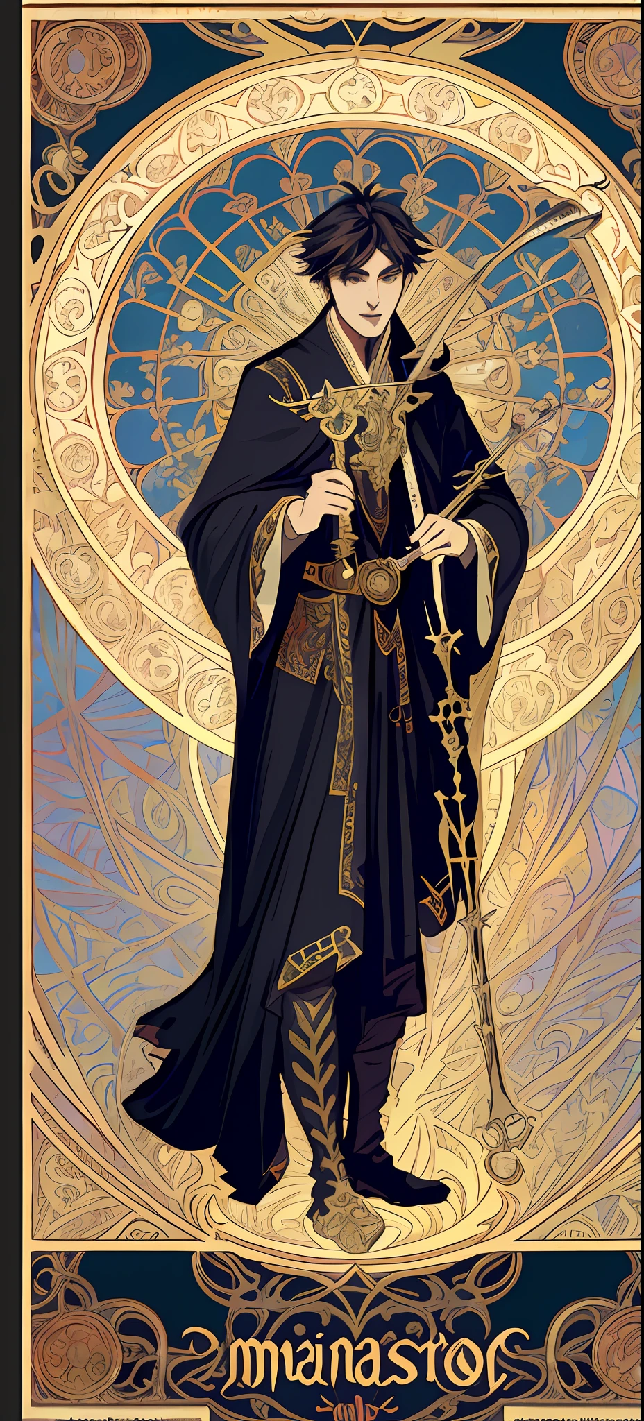 Masterpiece, high quality, very detailed CG unified 8k wallpaper, black battle robe male, full body, short hair, very handsome, very scary, holding flute, gloomy, cold, cold, cunning, poster art inspired by Alphonse Mucha, mucha style 4K, alphonse mucha style, demura and alphonse mucha style, and flat shadow mucha style.