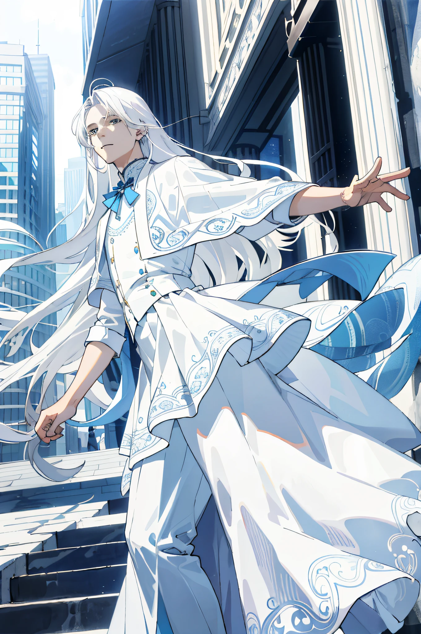 Masterpiece, best quality, 1 male, teenager, delicate face, delicate eyes, intricate details, (white hair, long hair, no bangs, delicate skirt, white skin), white, blue, mall, city